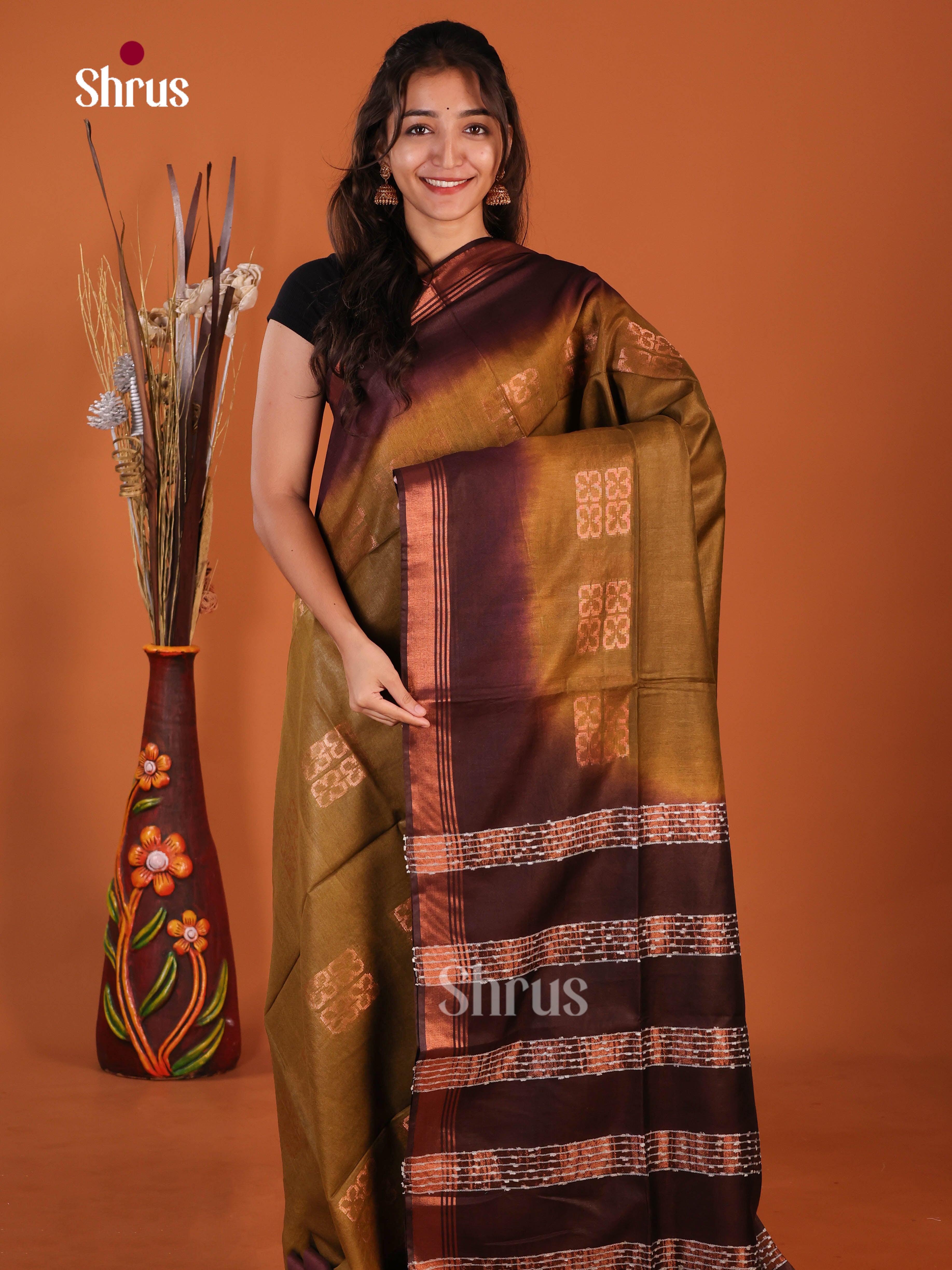 Dark Mustard & Brown  - Semi Tussar Saree