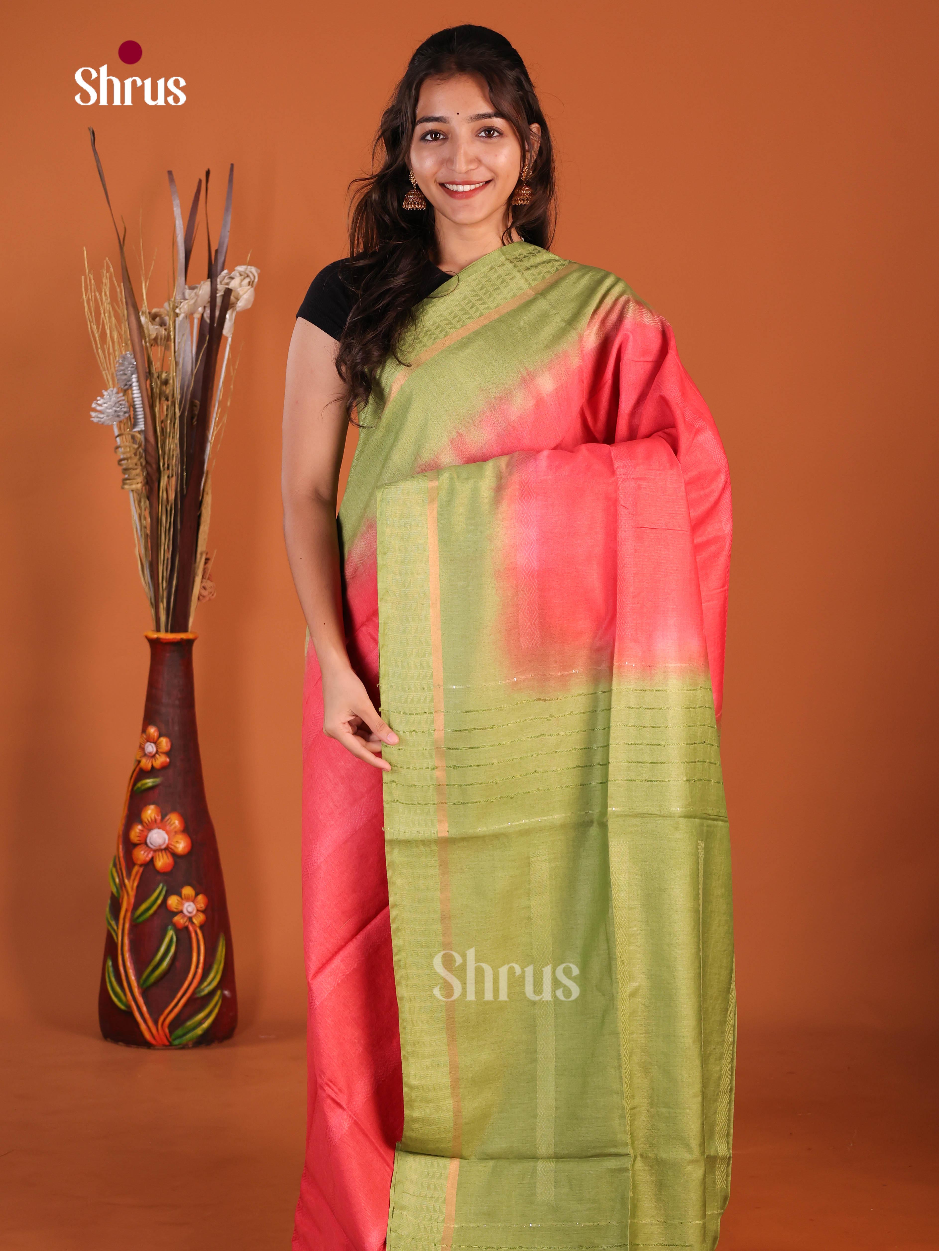 Reddish Pink & Green - Semi Tussar Saree