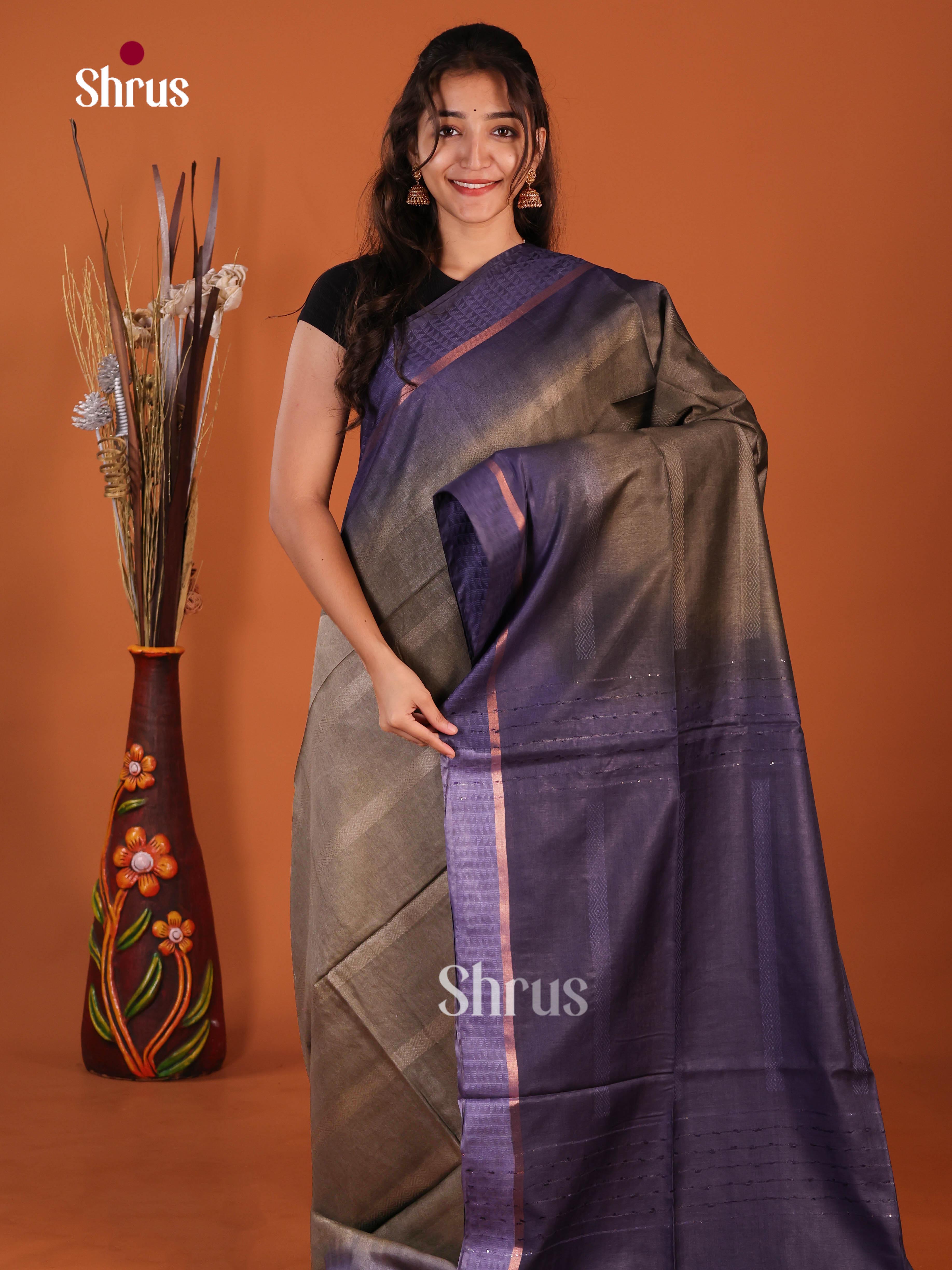 Grey & Blue - Semi Tussar Saree