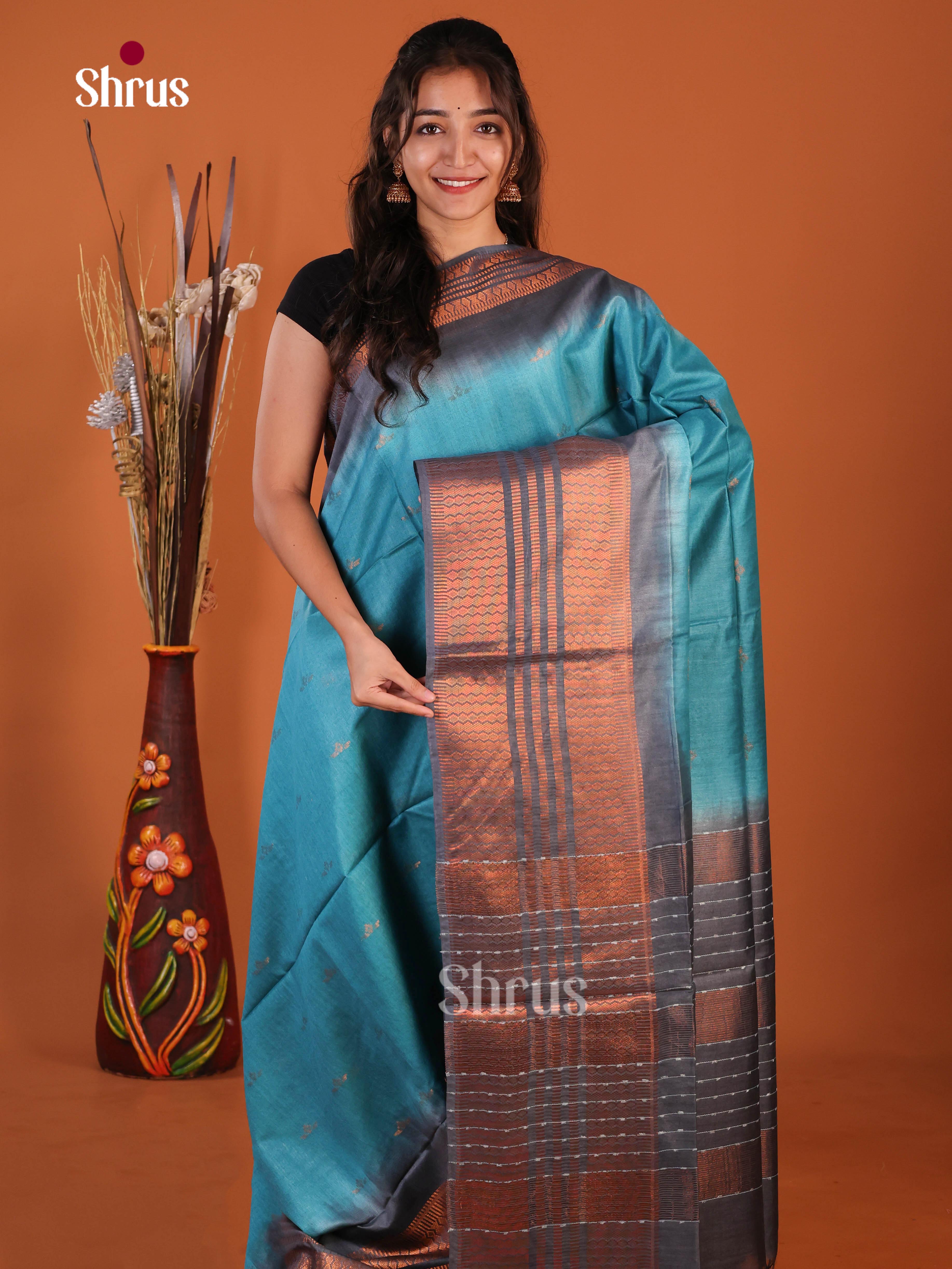 Blue & Grey - Semi Tussar Saree
