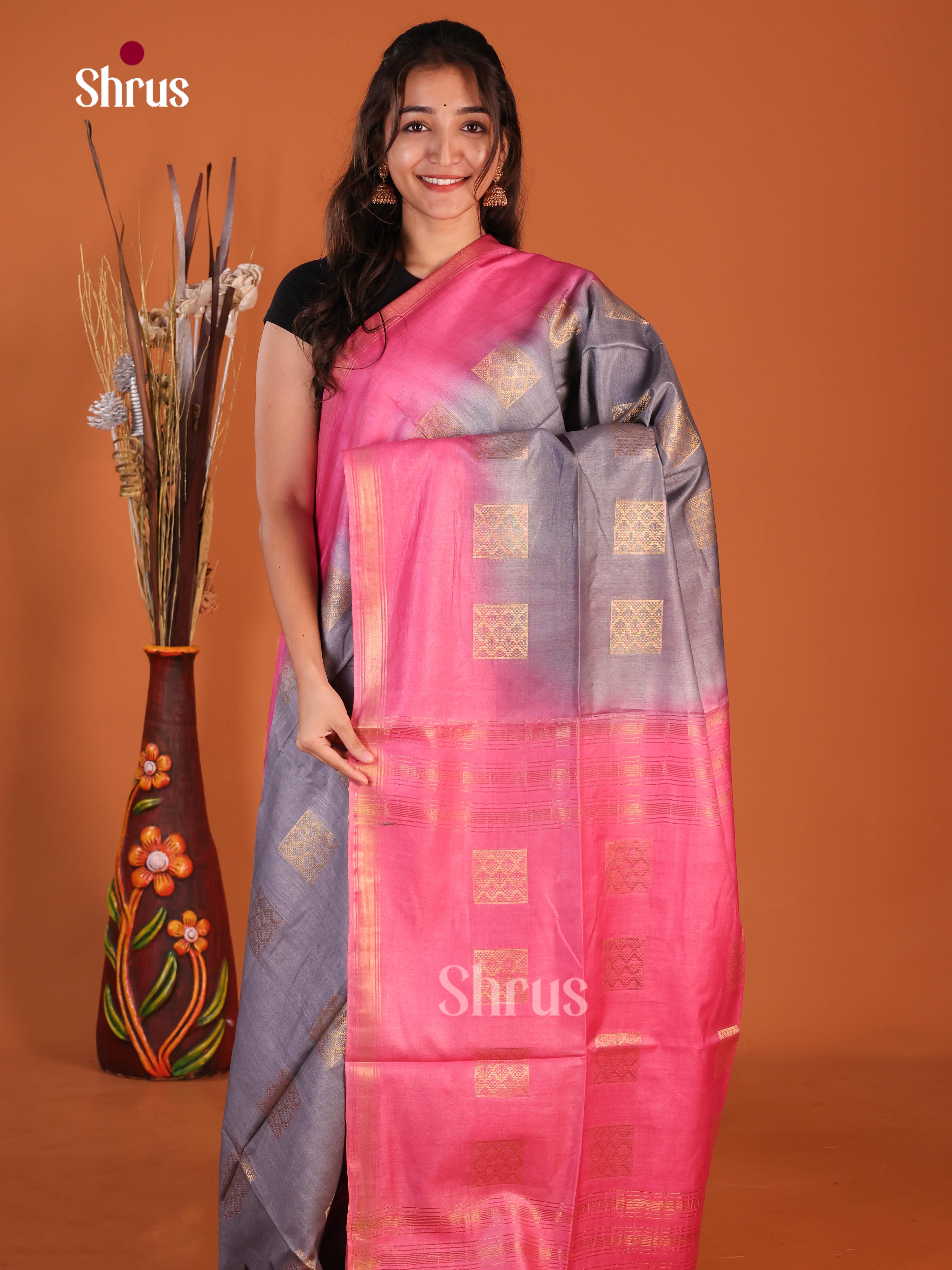 Grey & Pink - Semi Tussar Saree