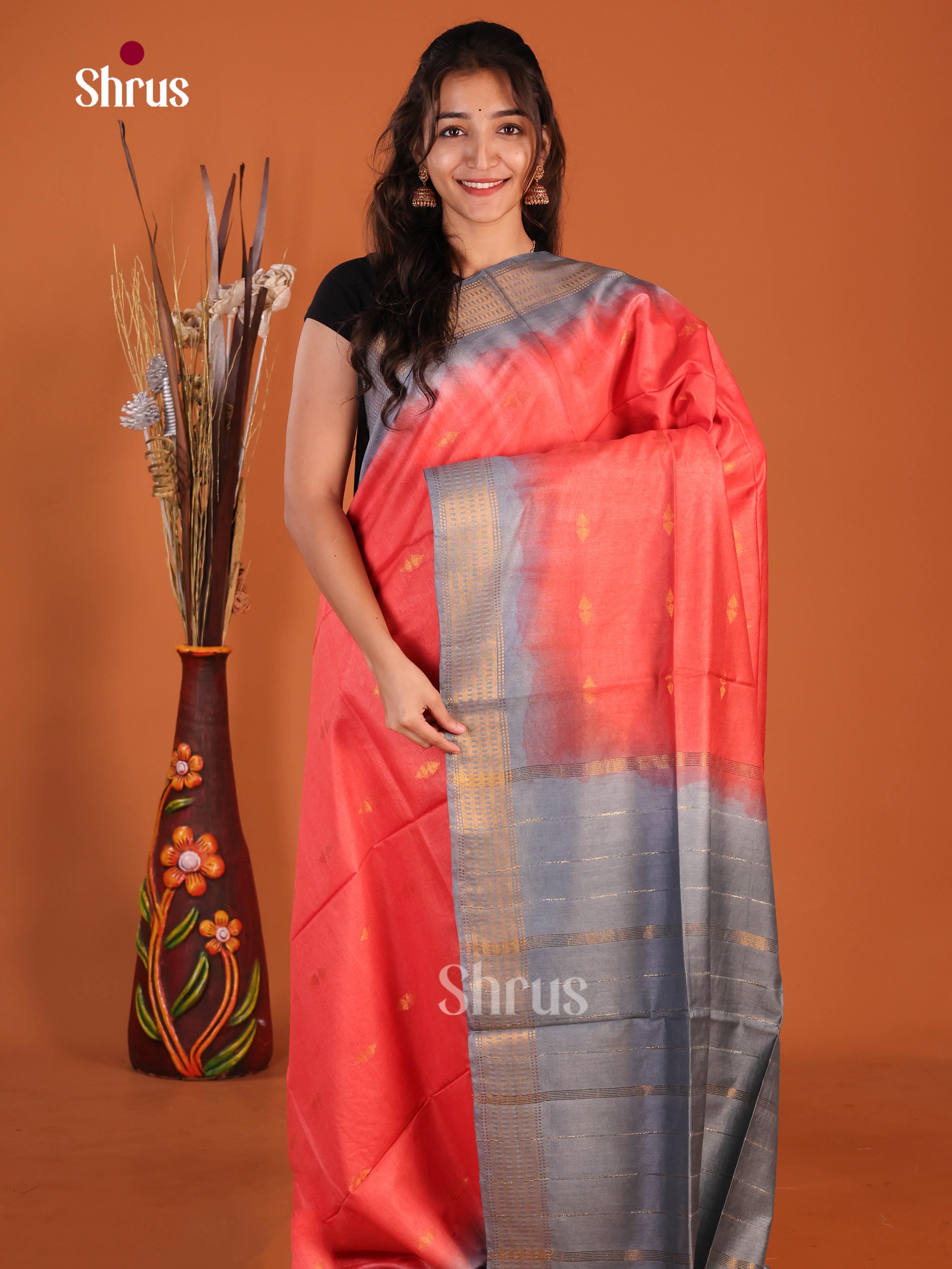 Orange & Grey- Semi Tussar Saree