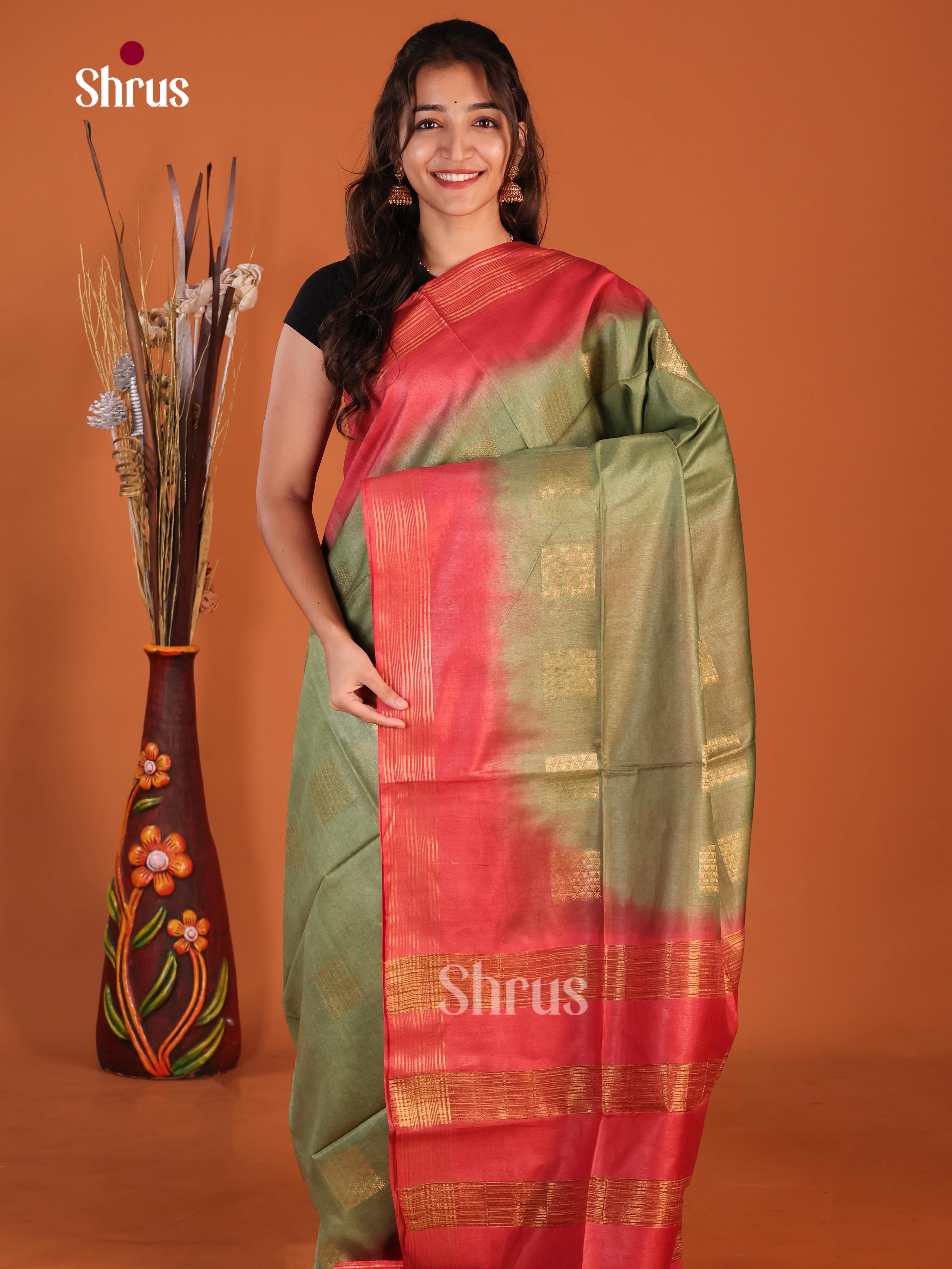 Green & Red - Semi Tussar Saree