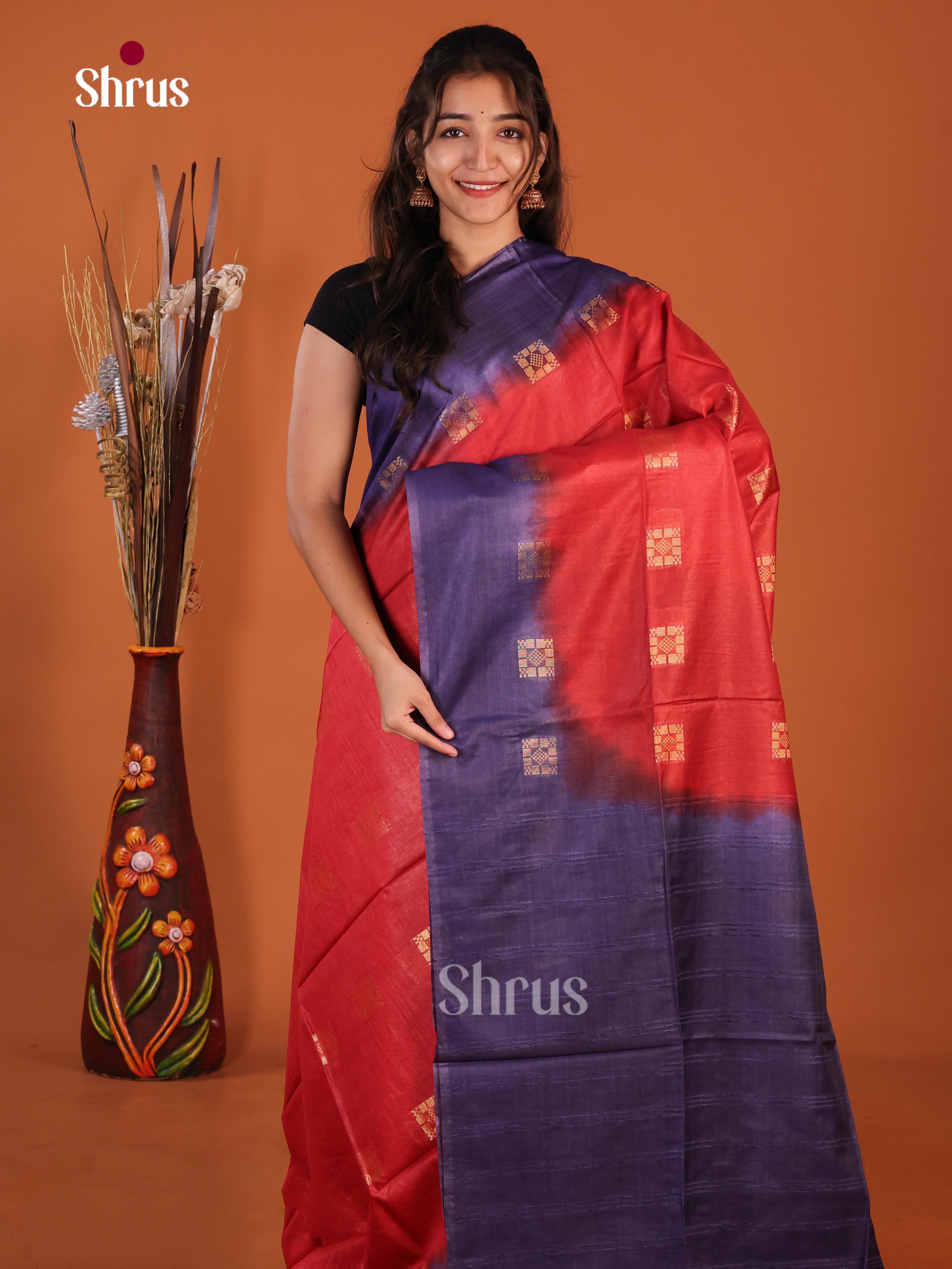 Red & Blue - Semi Tussar Saree