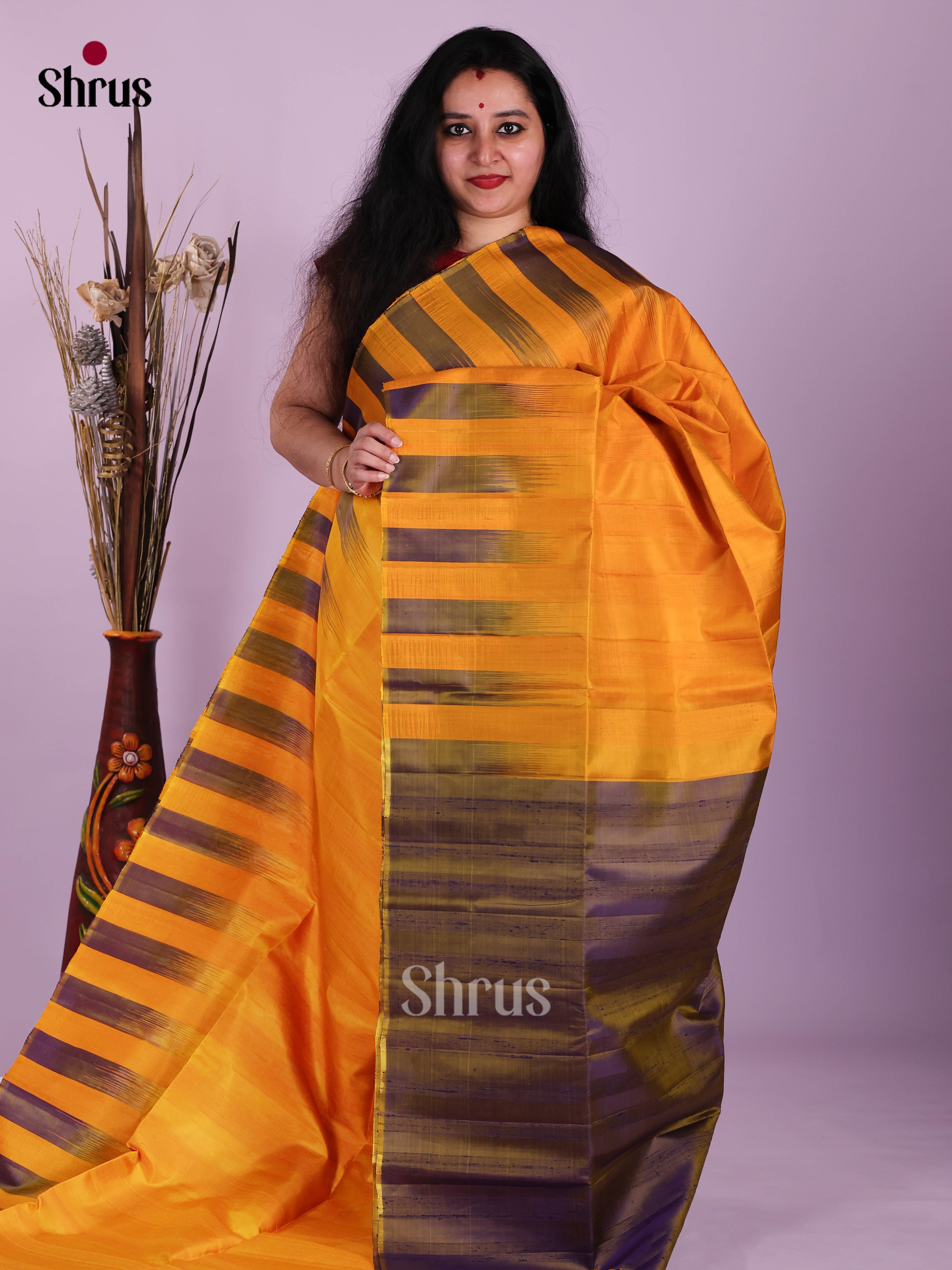 Pretty Orange Soft Silk Saree With Purple Stripes In The Border - Shop on Shrus.com