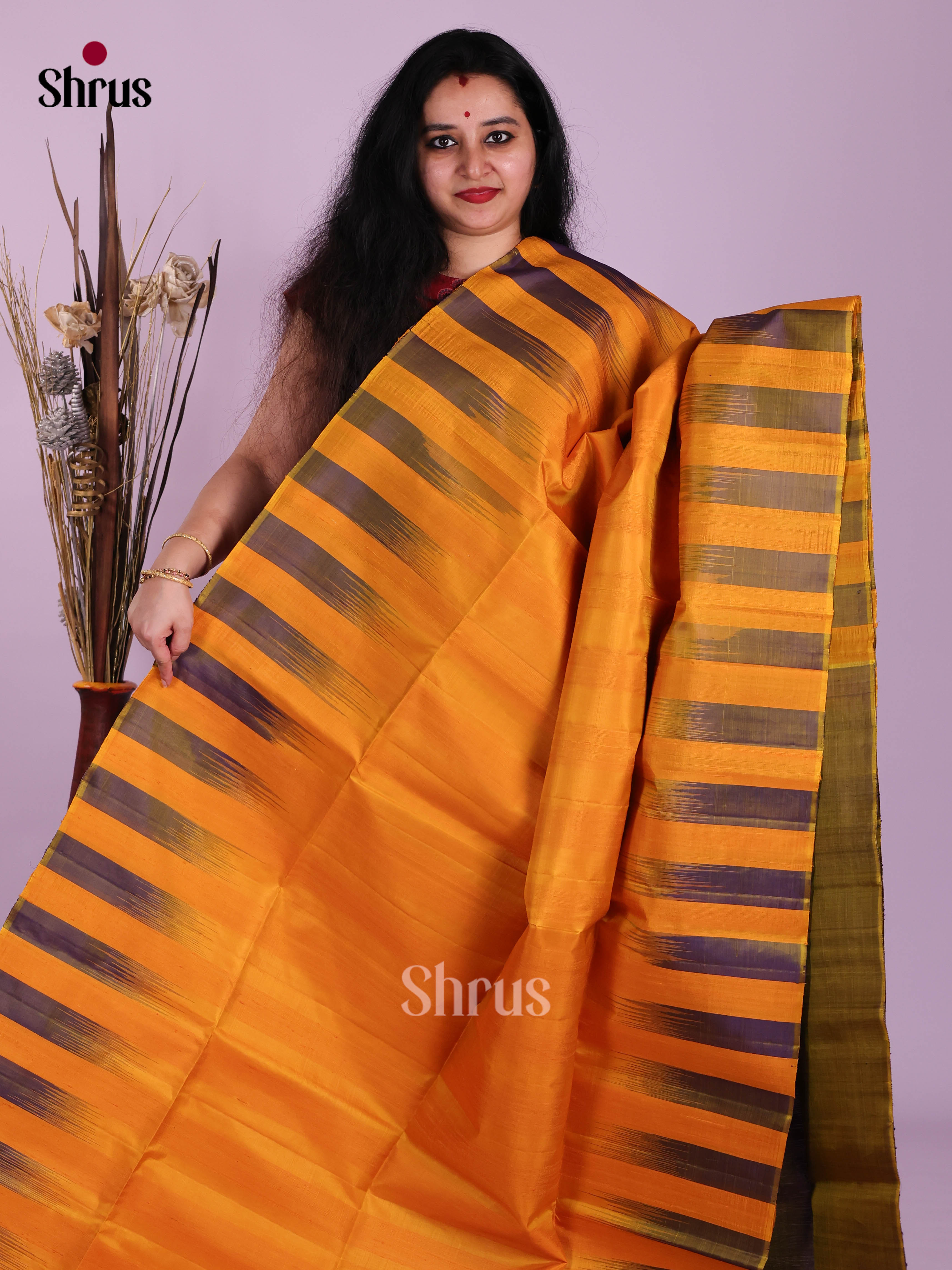Pretty Orange Soft Silk Saree With Purple Stripes In The Border - Shop on Shrus.com