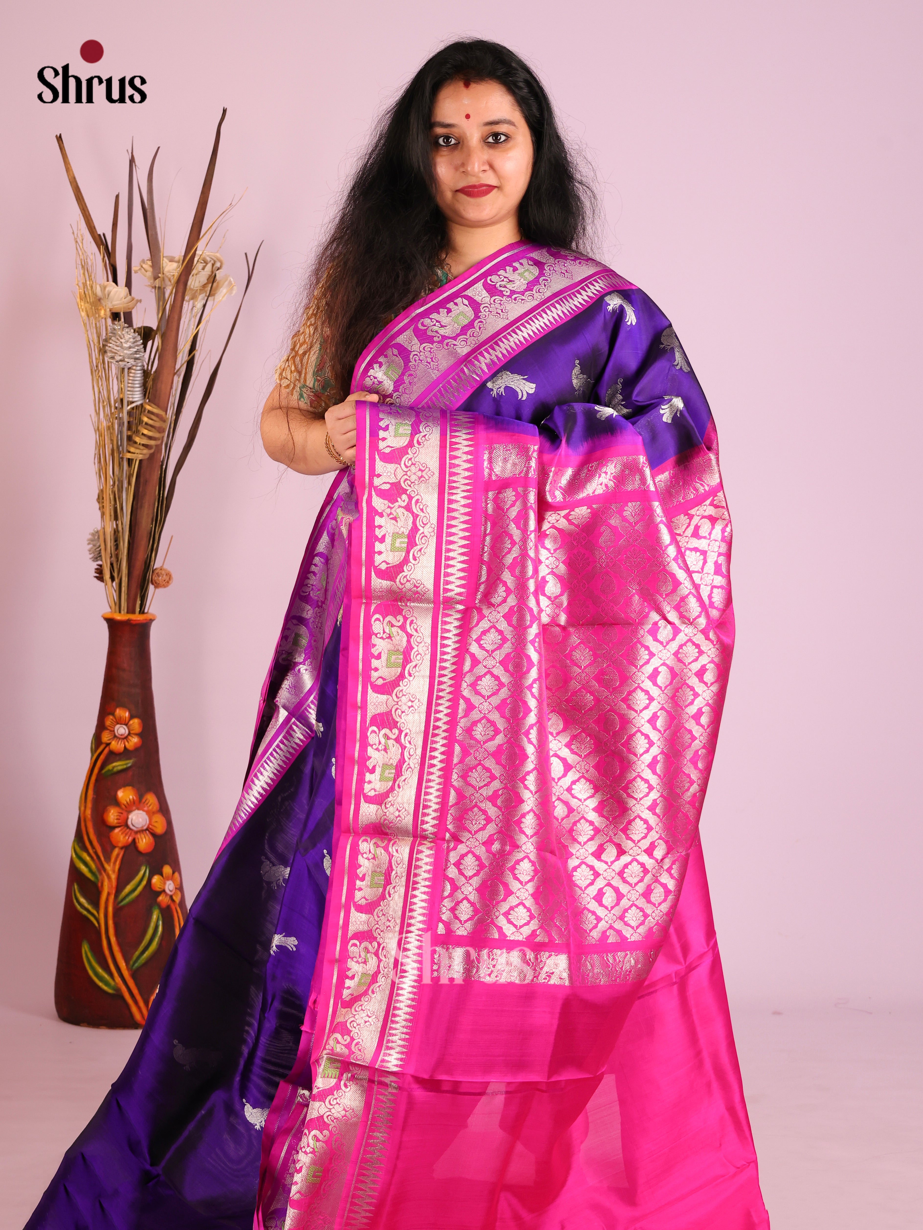 Blue & Pink  Venkatagiri silk Saree gleams with zari peacock buttas