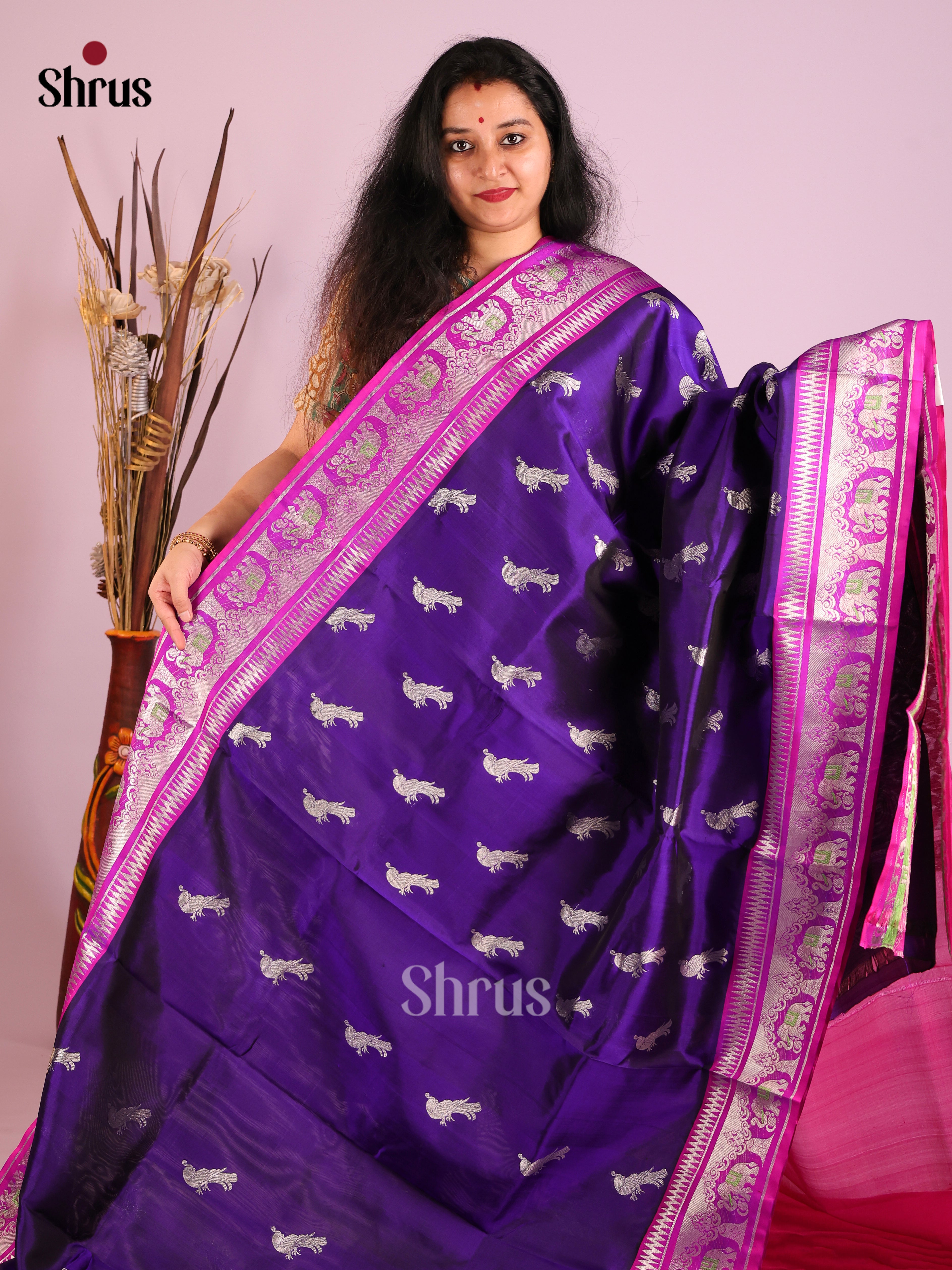 Blue & Pink  Venkatagiri silk Saree gleams with zari peacock buttas