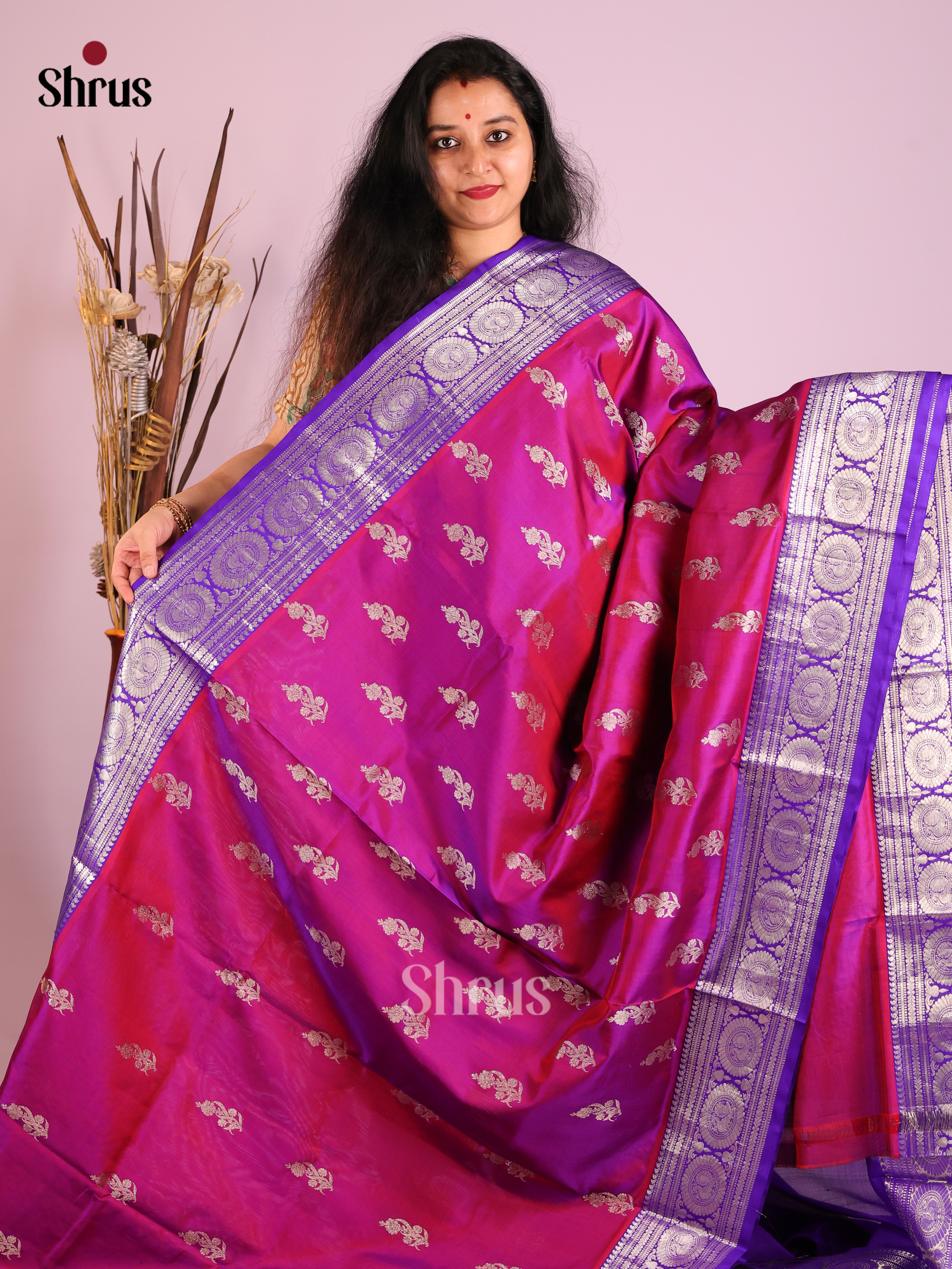 Purple & Blue Venkatagiri silk Saree with rich floral motifs zari border