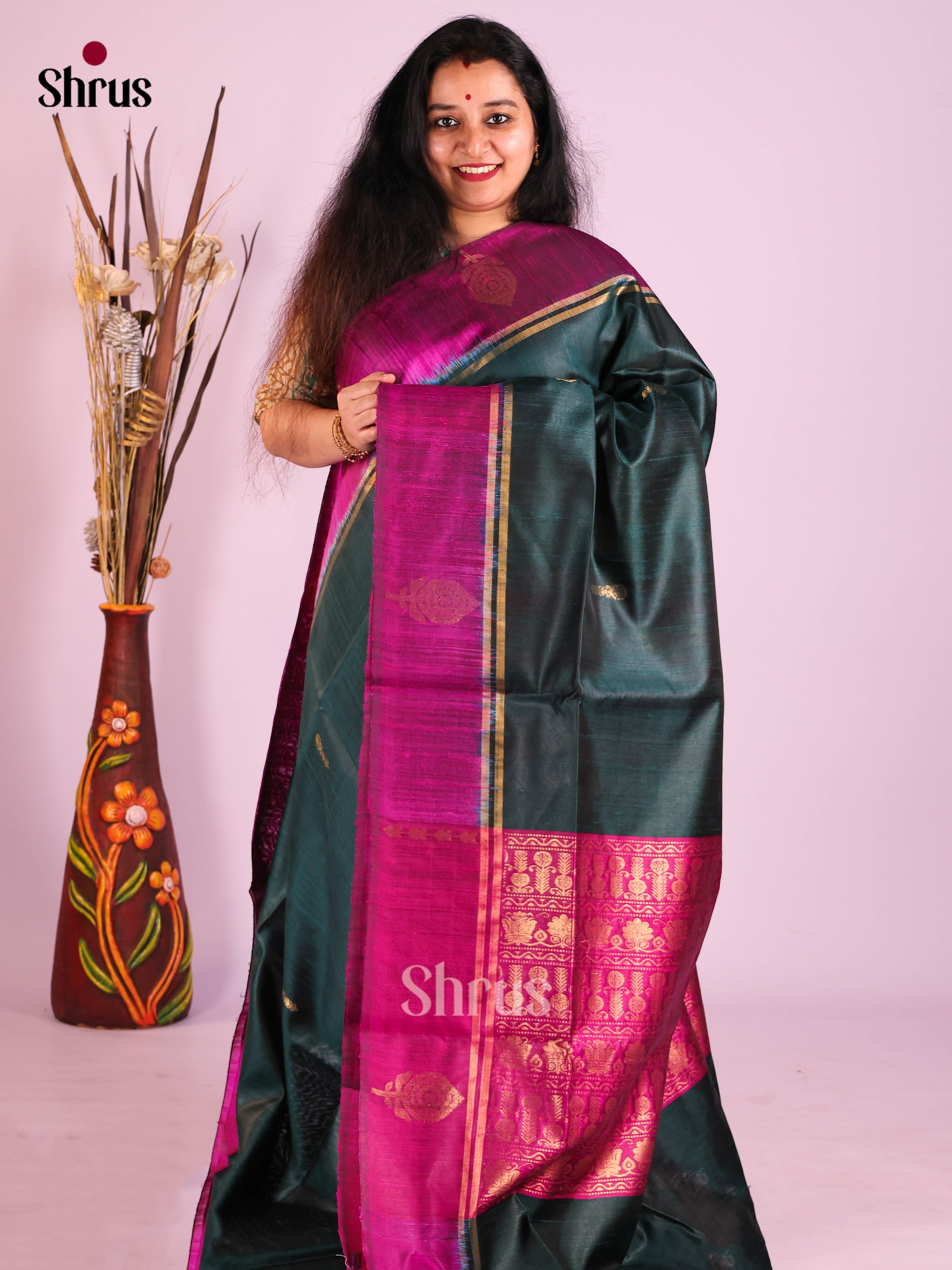 Peacock Green & Purple - Raw Silk Saree