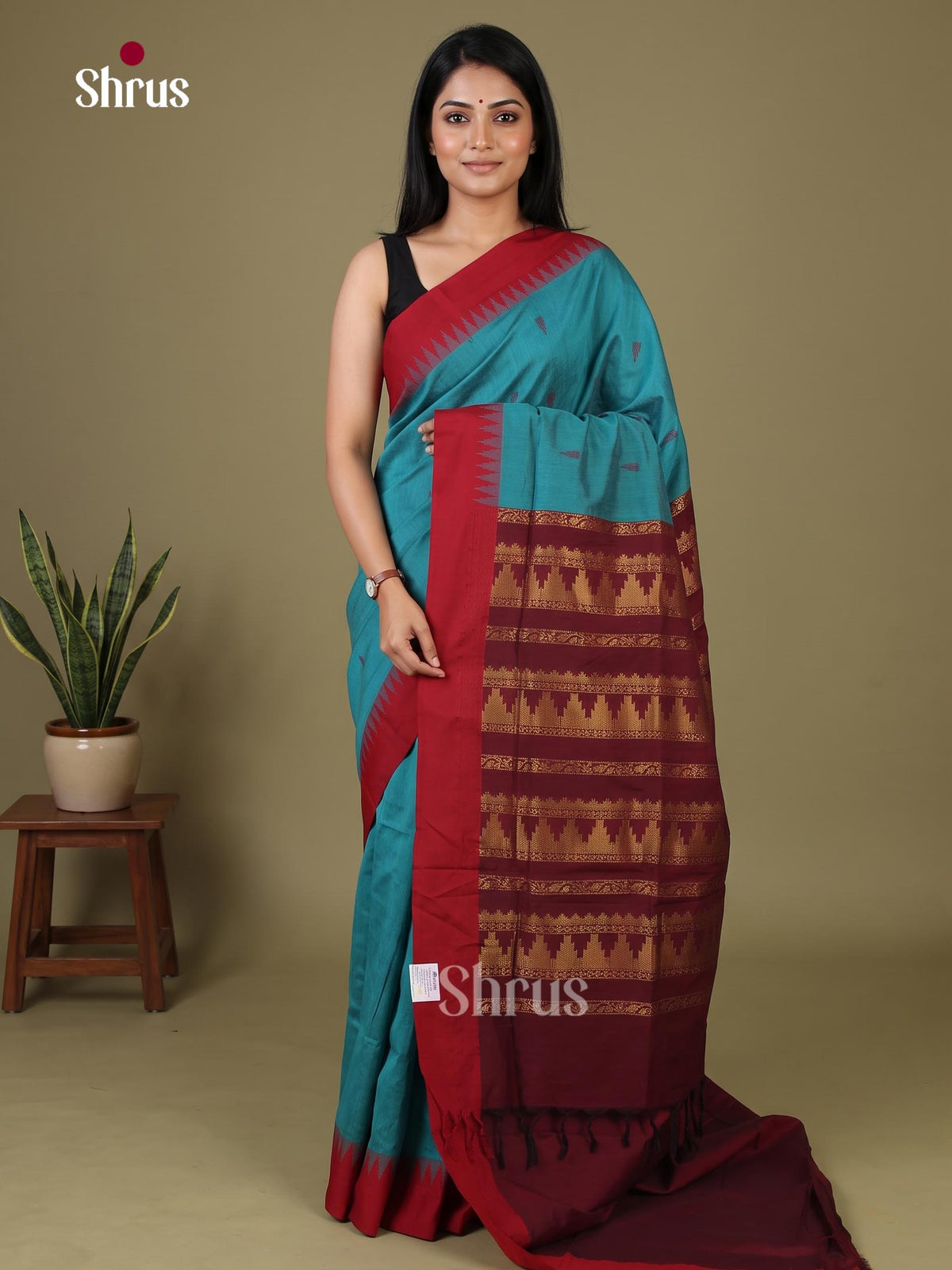 Blue & Maroon  - Kalyani Cotton Saree