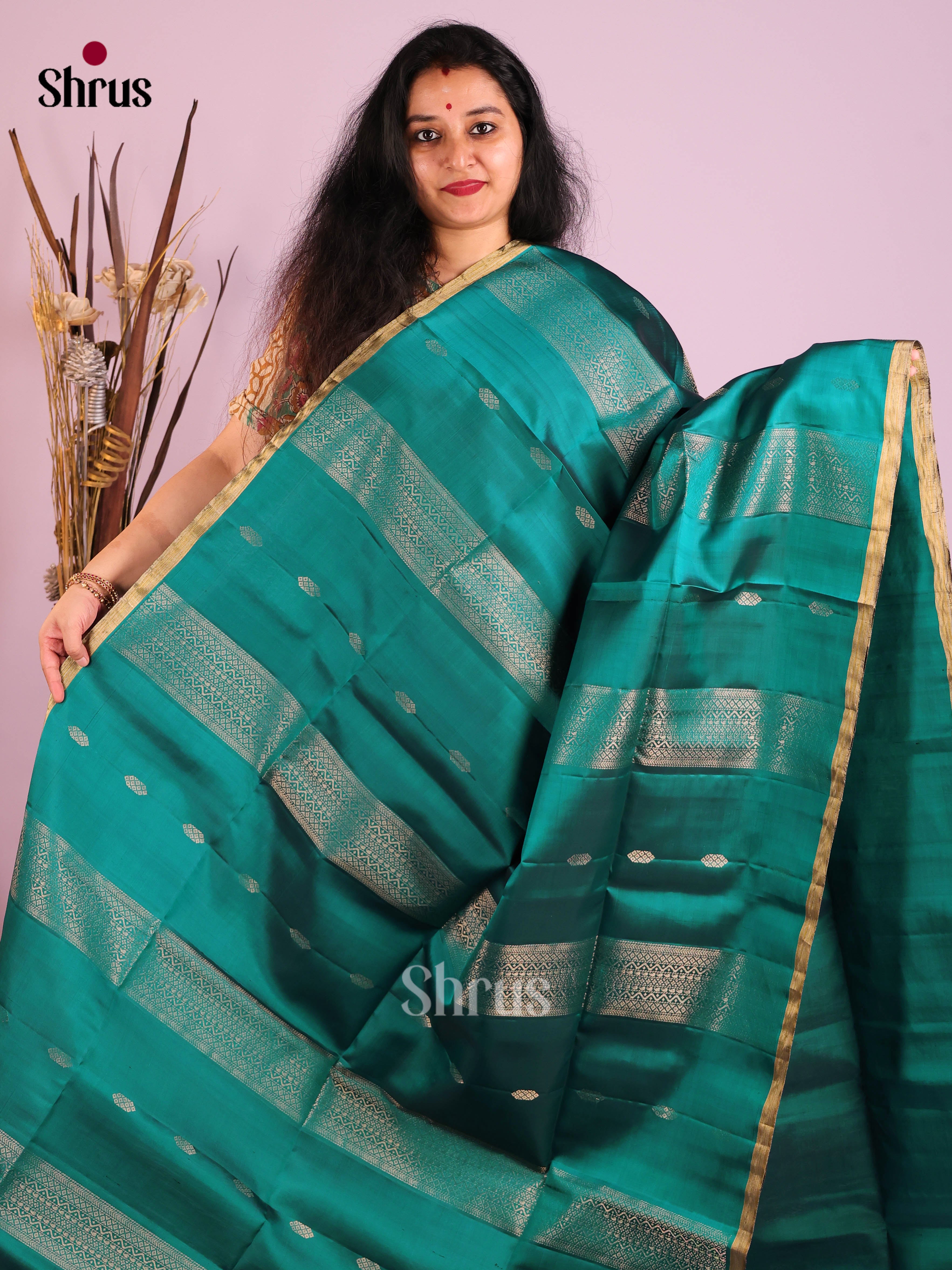 Elegant Teal Soft Silk Saree with Intricate Zari Woven Stripes, Buttas & brocade pallu 1