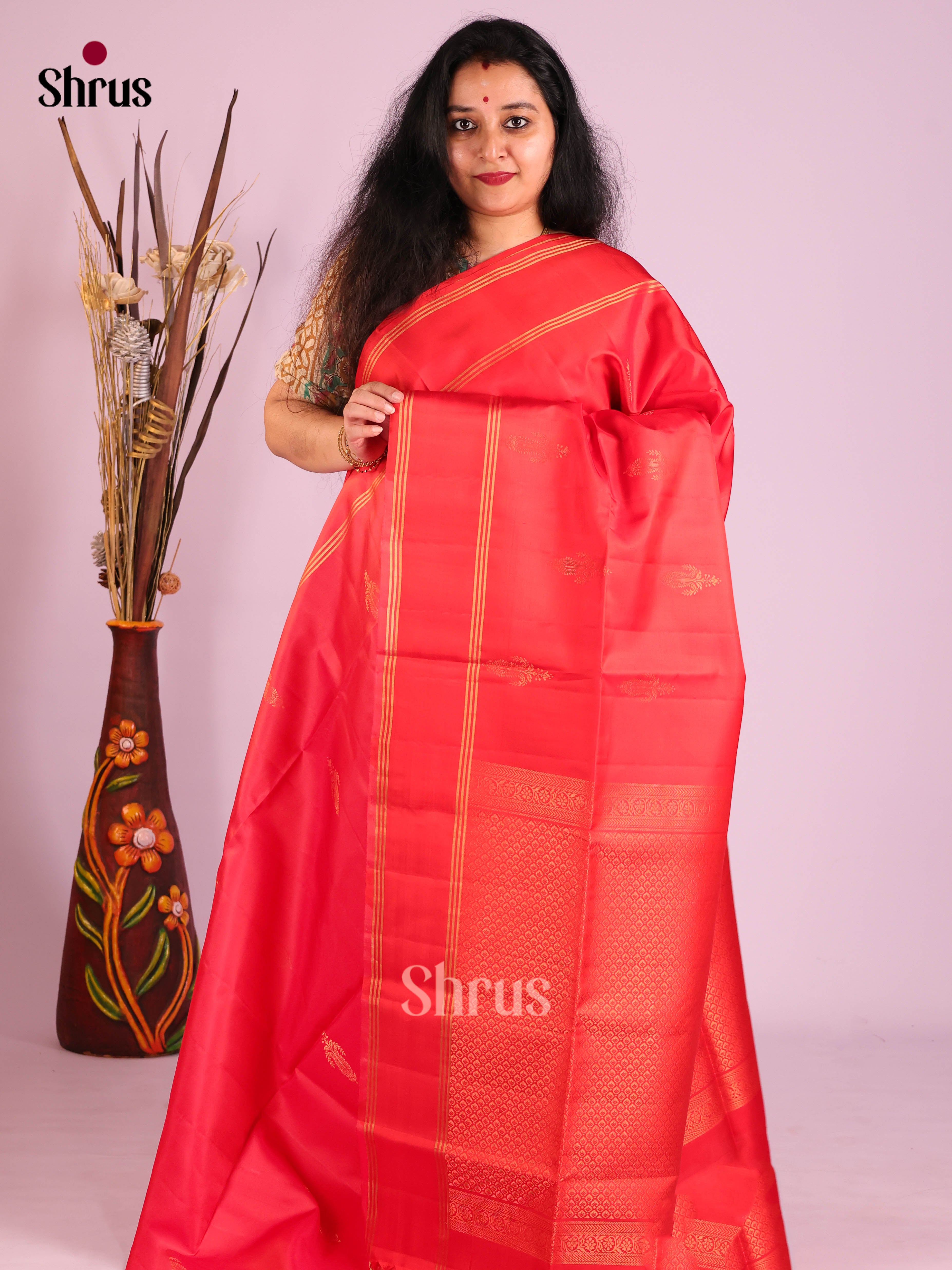 Stunning Red Soft Silk Saree with gold floral motifs & Rettaipet Zari Border 1