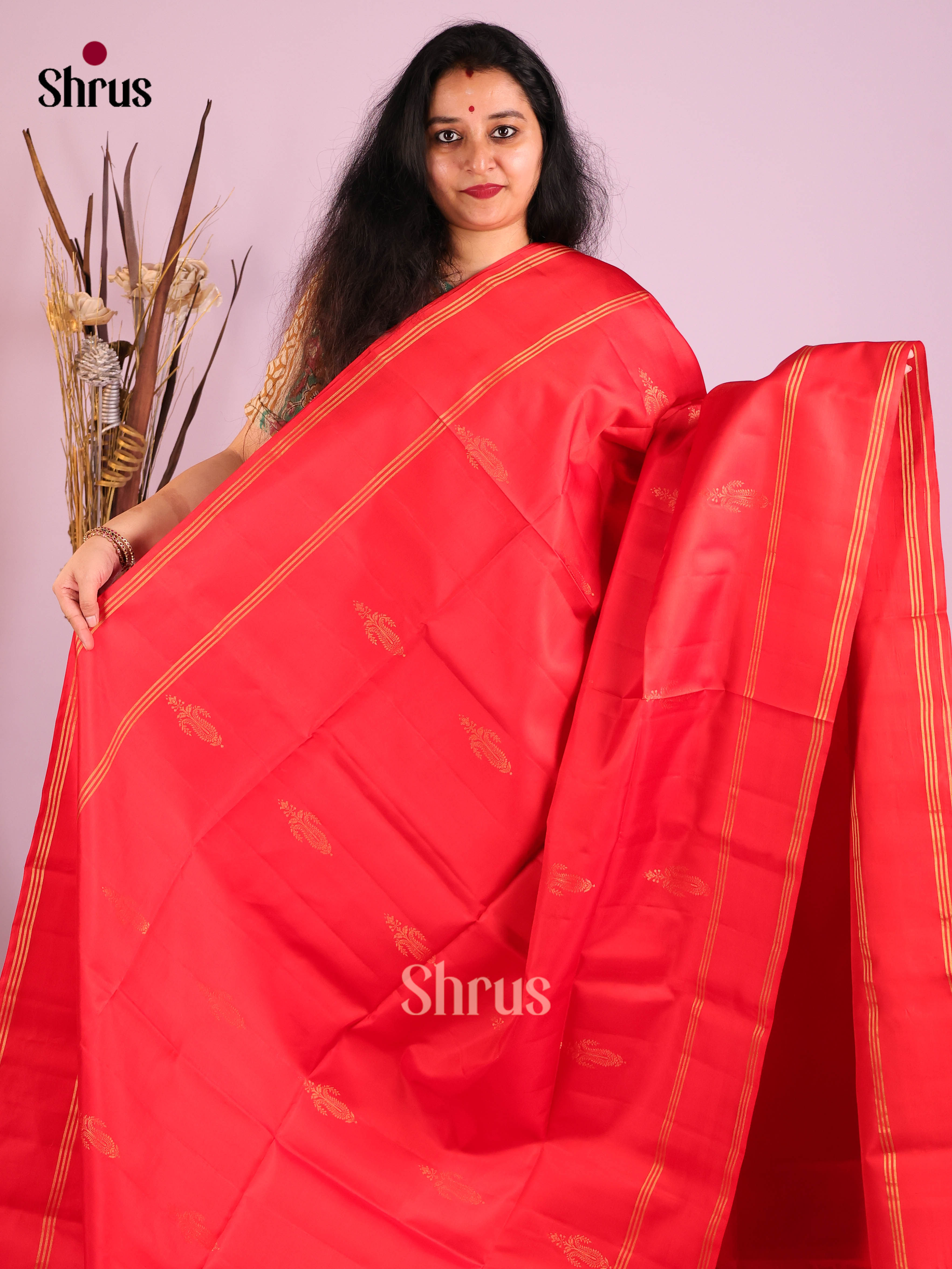 Stunning Red Soft Silk Saree with gold floral motifs & Rettaipet Zari Border 1