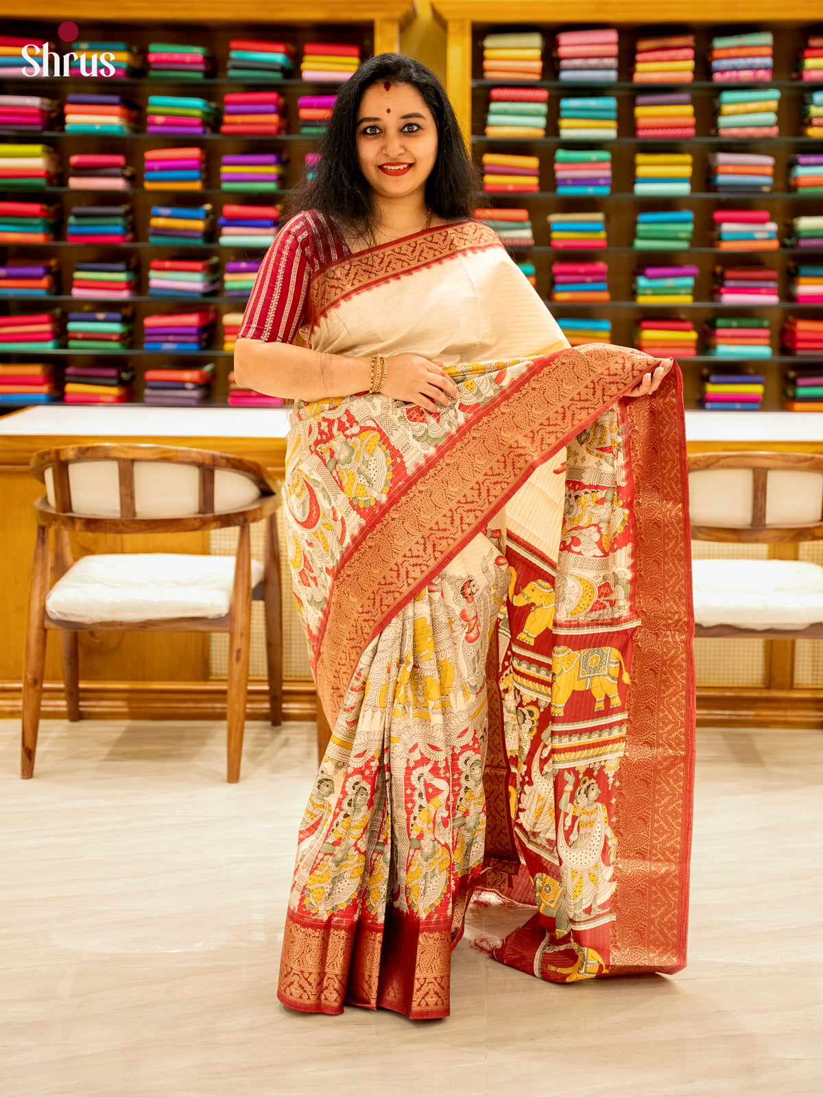 Cream & Maroon- Semi Tussar Saree