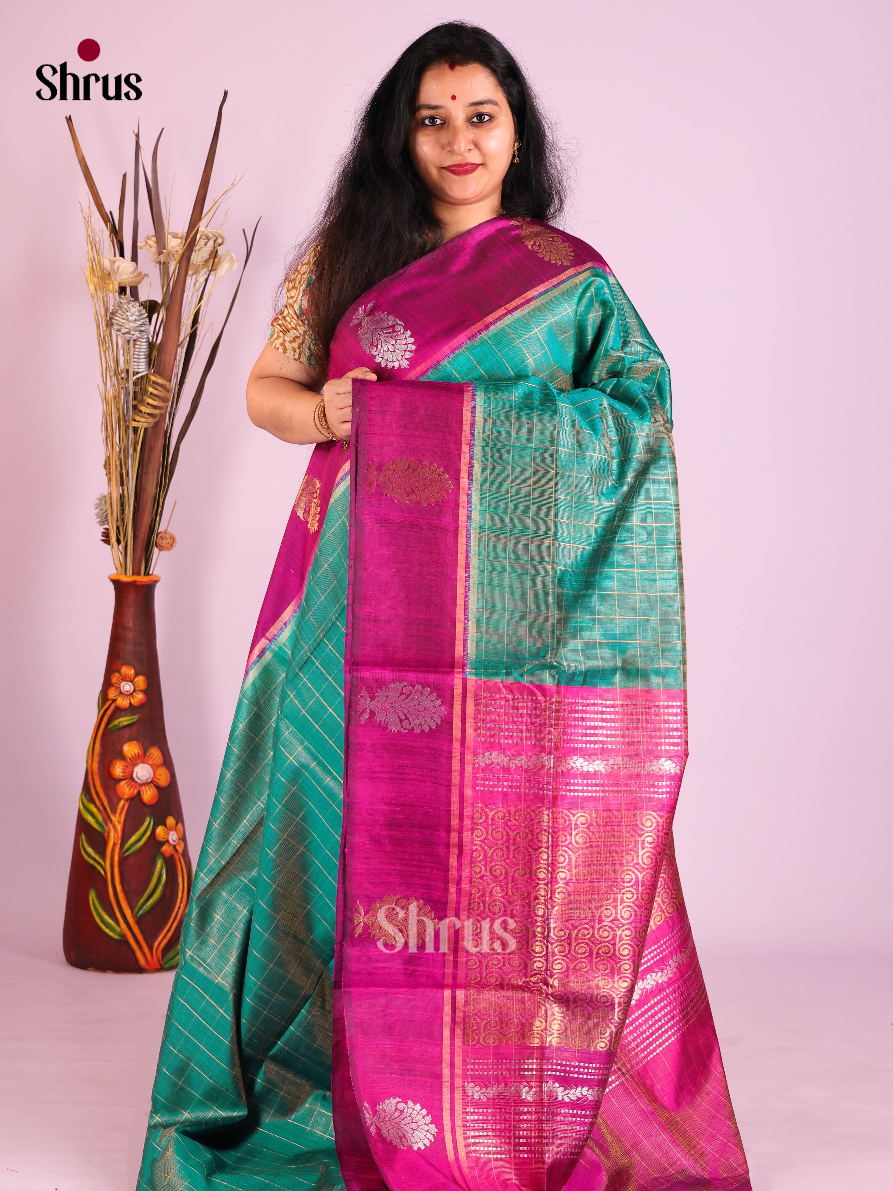 Green & Purple - Raw Silk Saree - Shop on Shrus.com