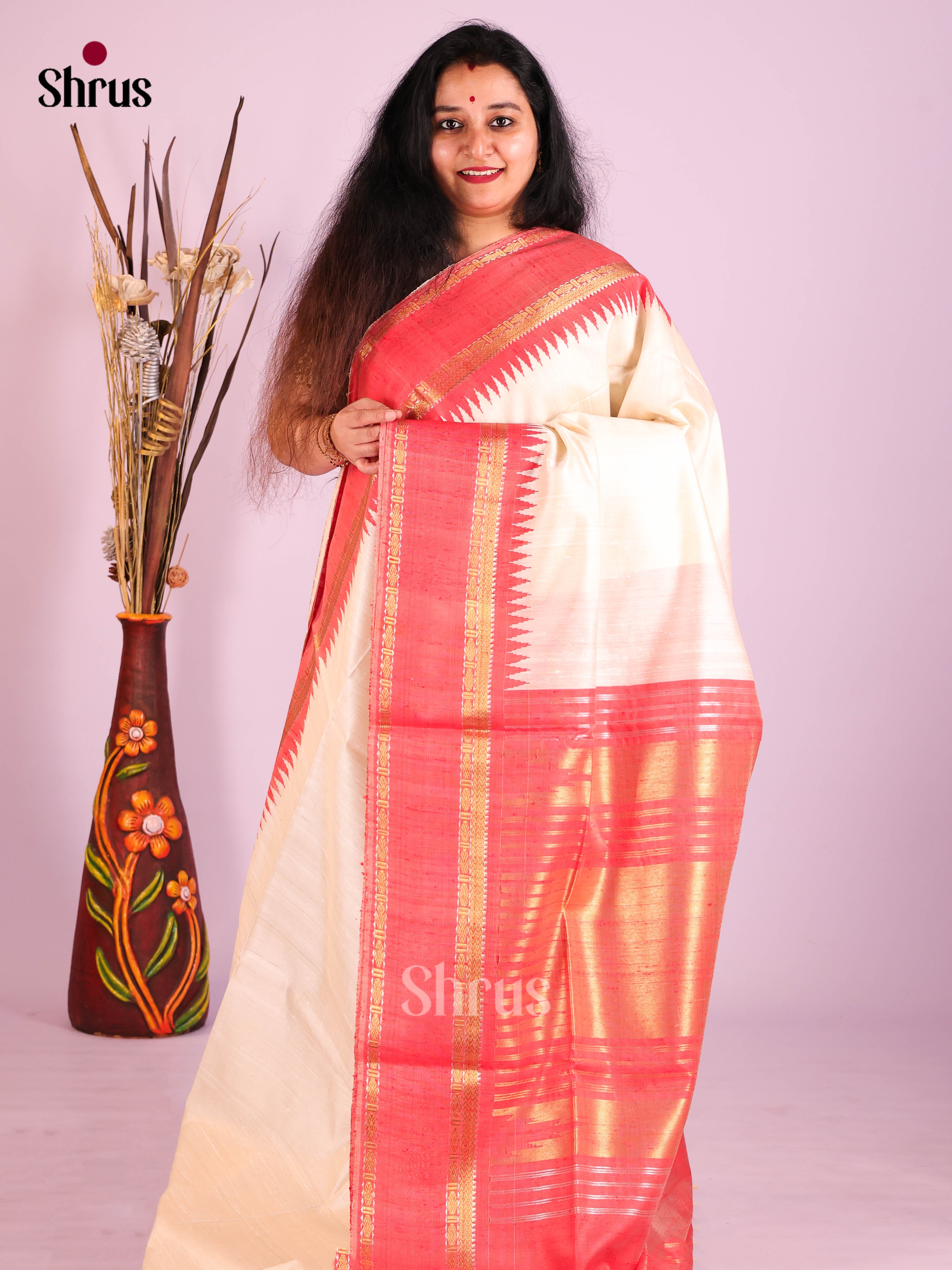Cream & Orangish Pink - Raw Silk Saree