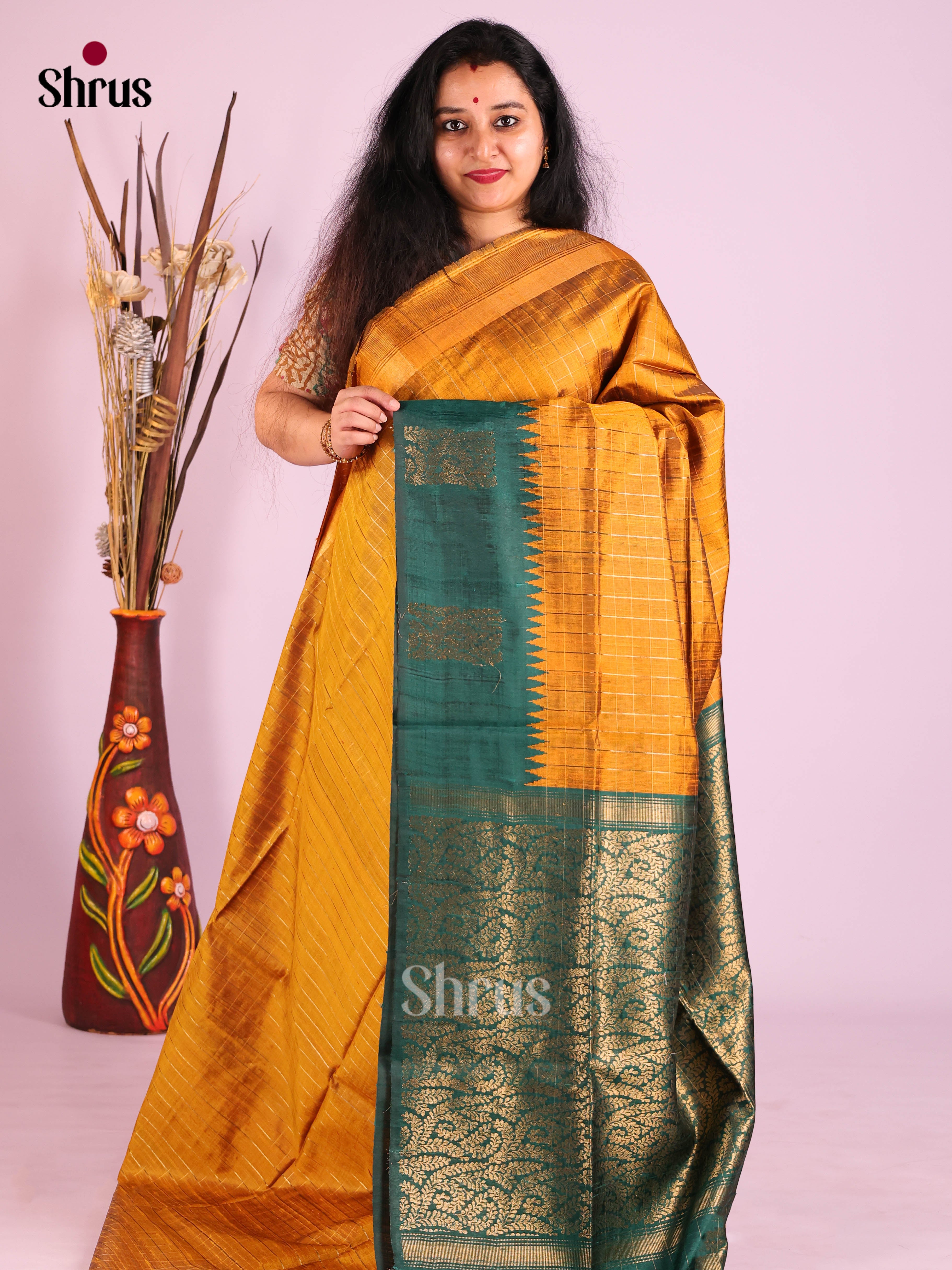 Mustard & Green  - Raw Silk Saree - Shop on Shrus.com
