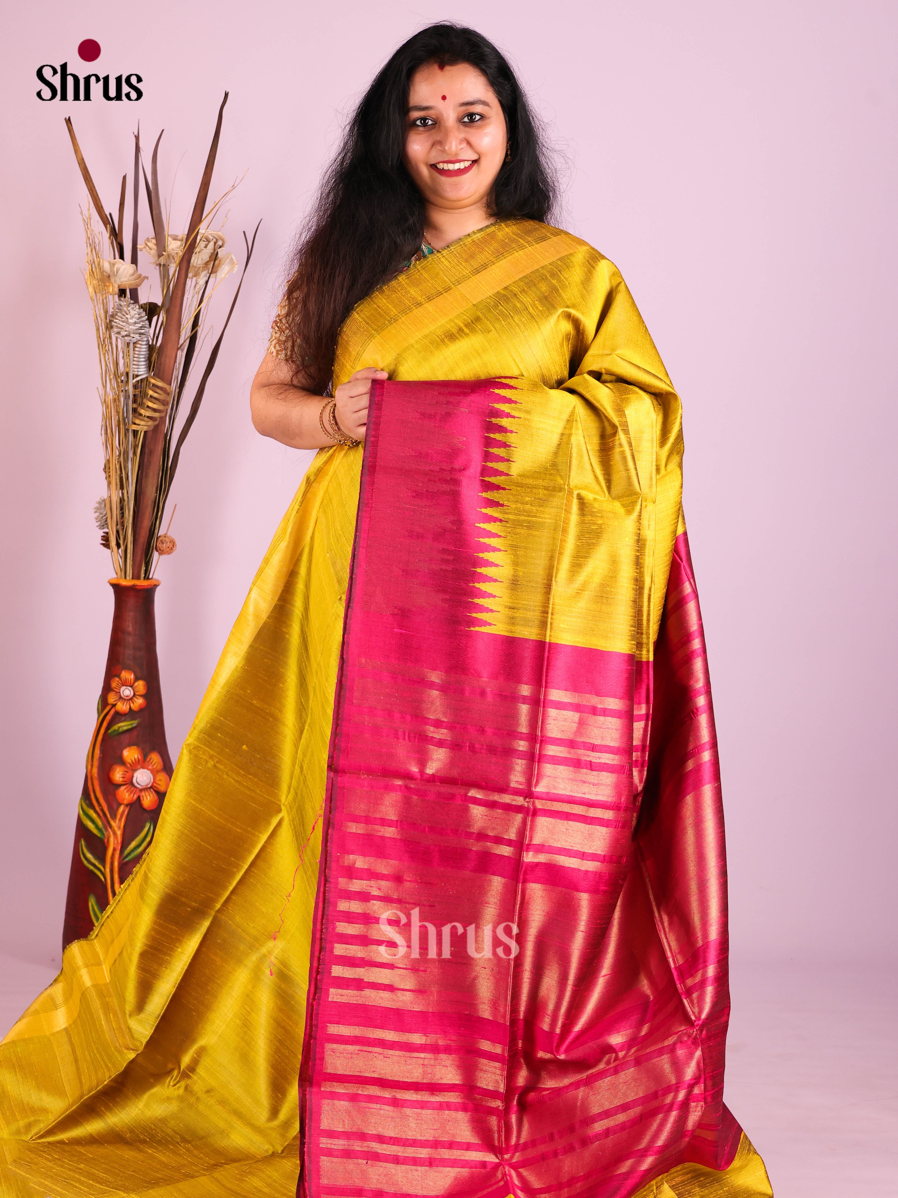 Yellow & Majenta - Raw Silk Saree