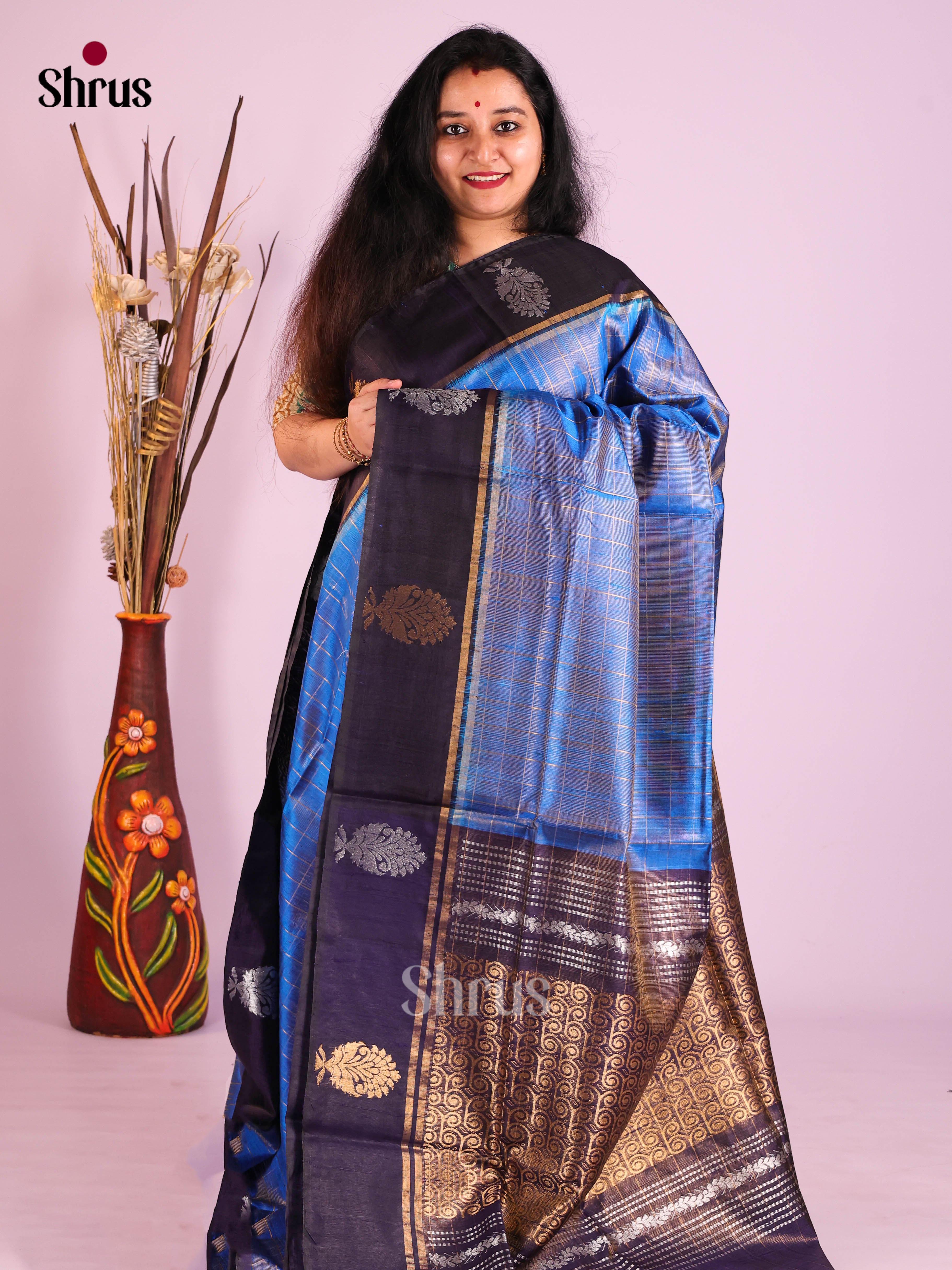 Blue & Navy Blue- Raw Silk Saree
