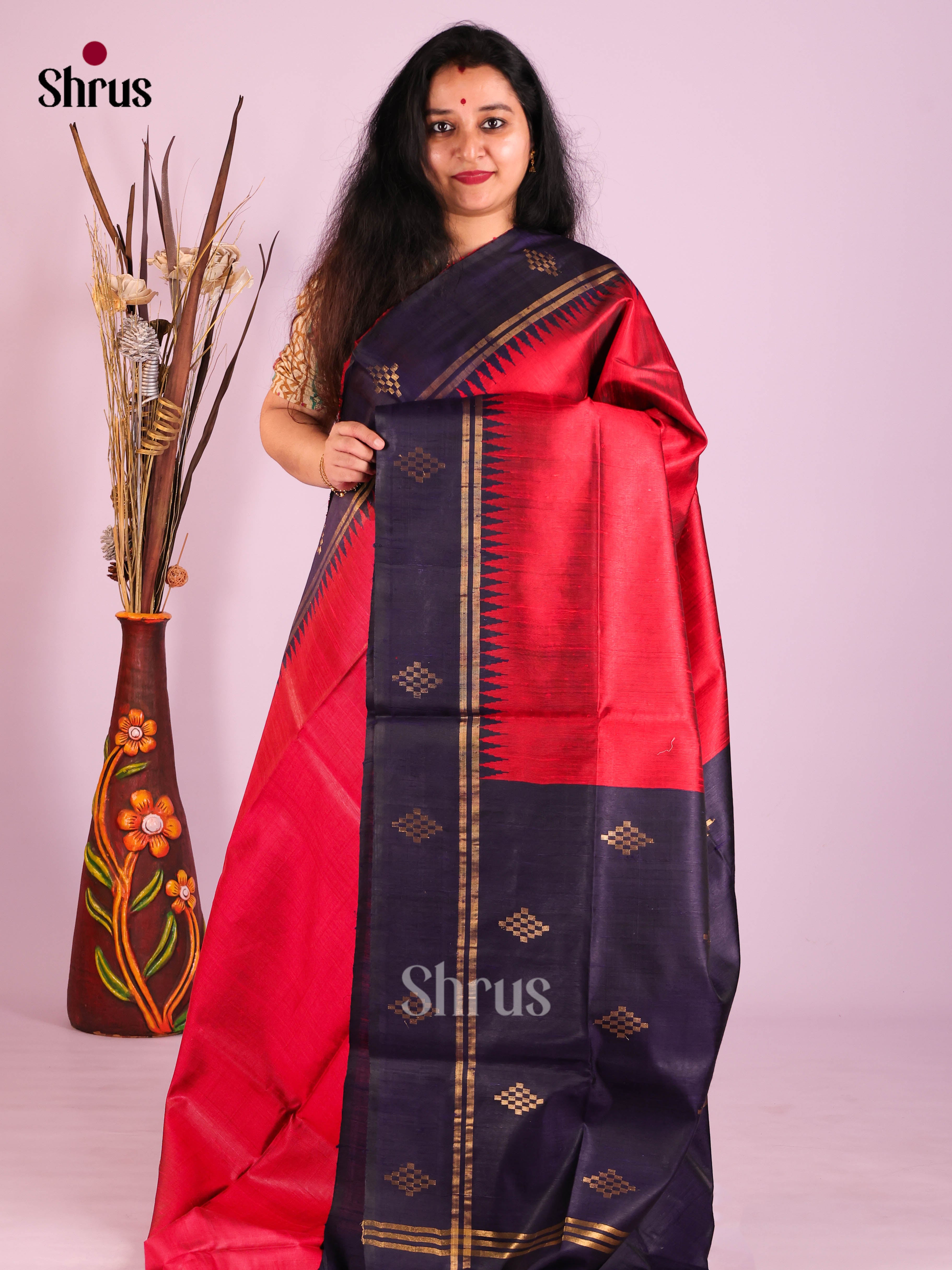Red & Blue- Raw Silk Saree - Shop on Shrus.com
