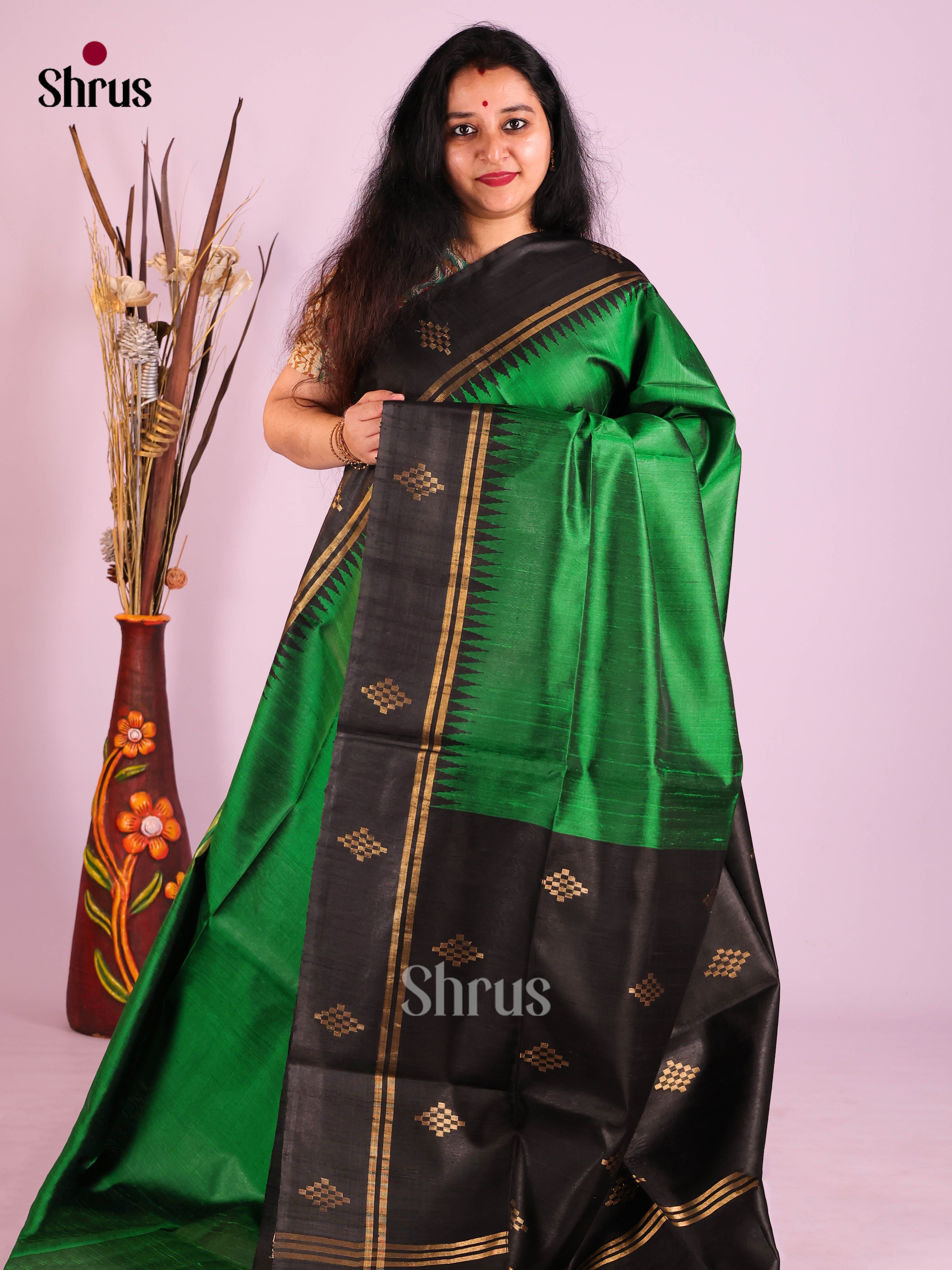 Green & Black - Raw Silk Saree - Shop on Shrus.com