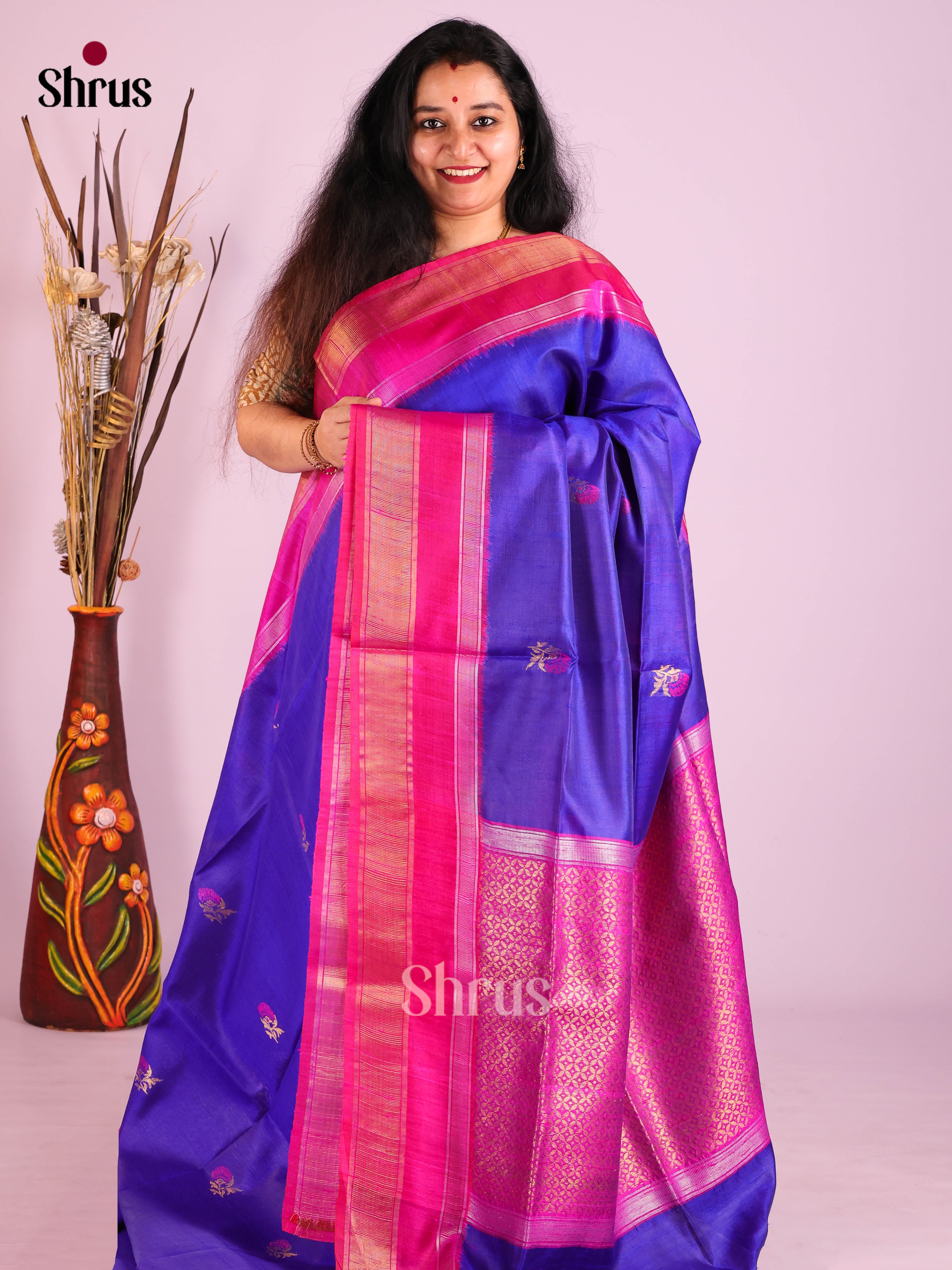 Blue & Pink - Raw Silk Saree