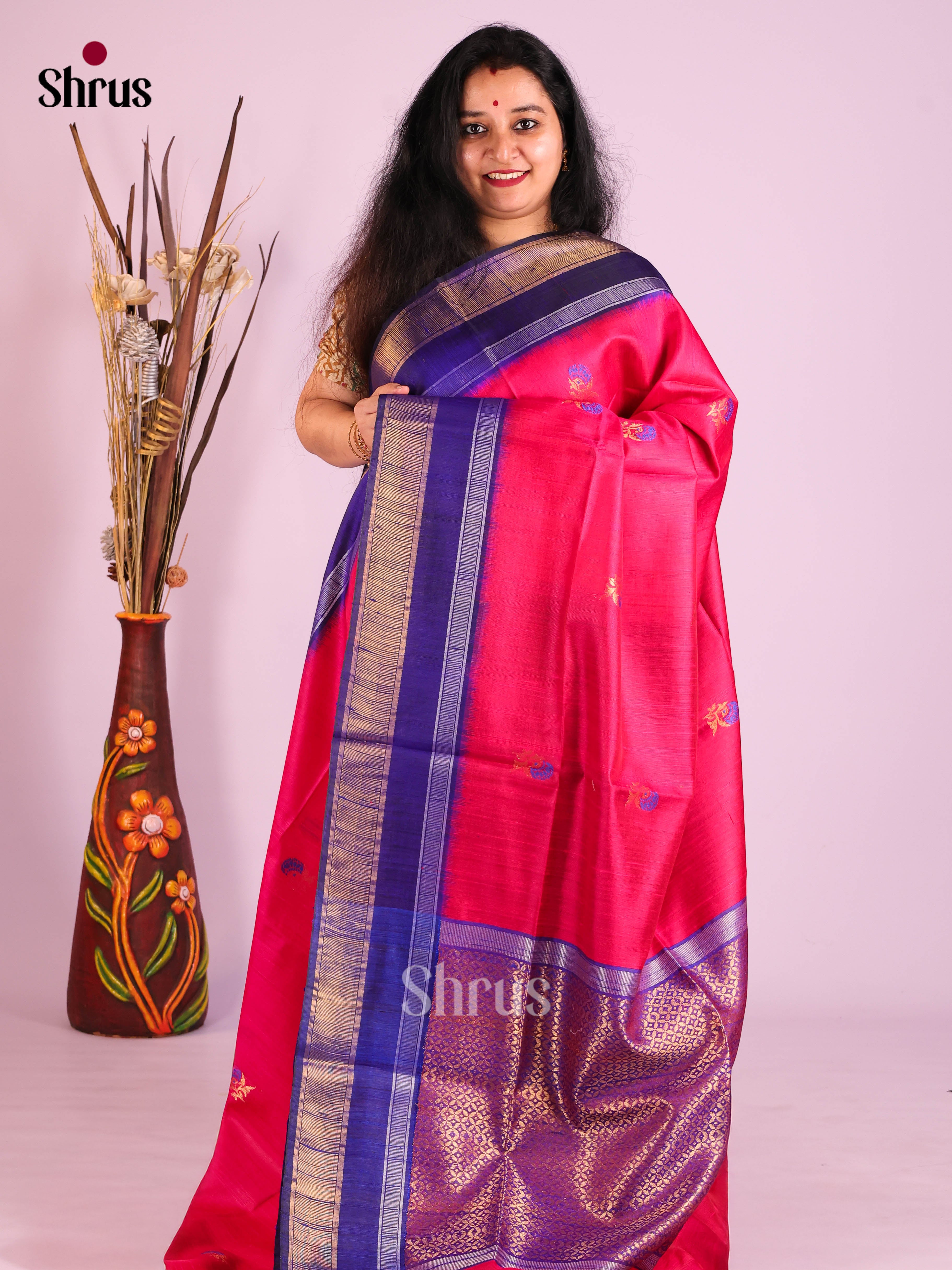 Pink & Blue- Raw Silk Saree - Shop on Shrus.com