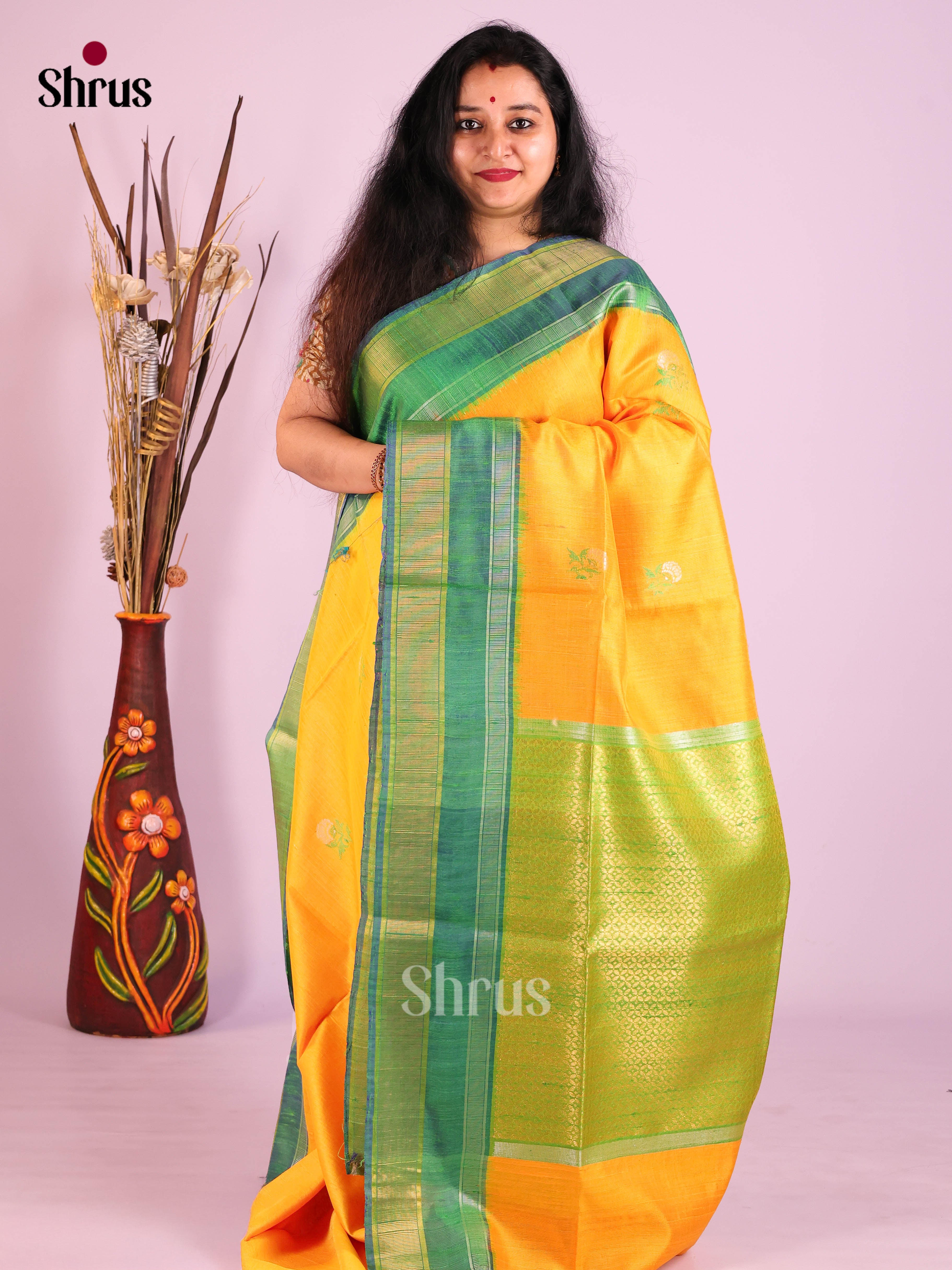 Yellow & Green - Raw Silk Saree