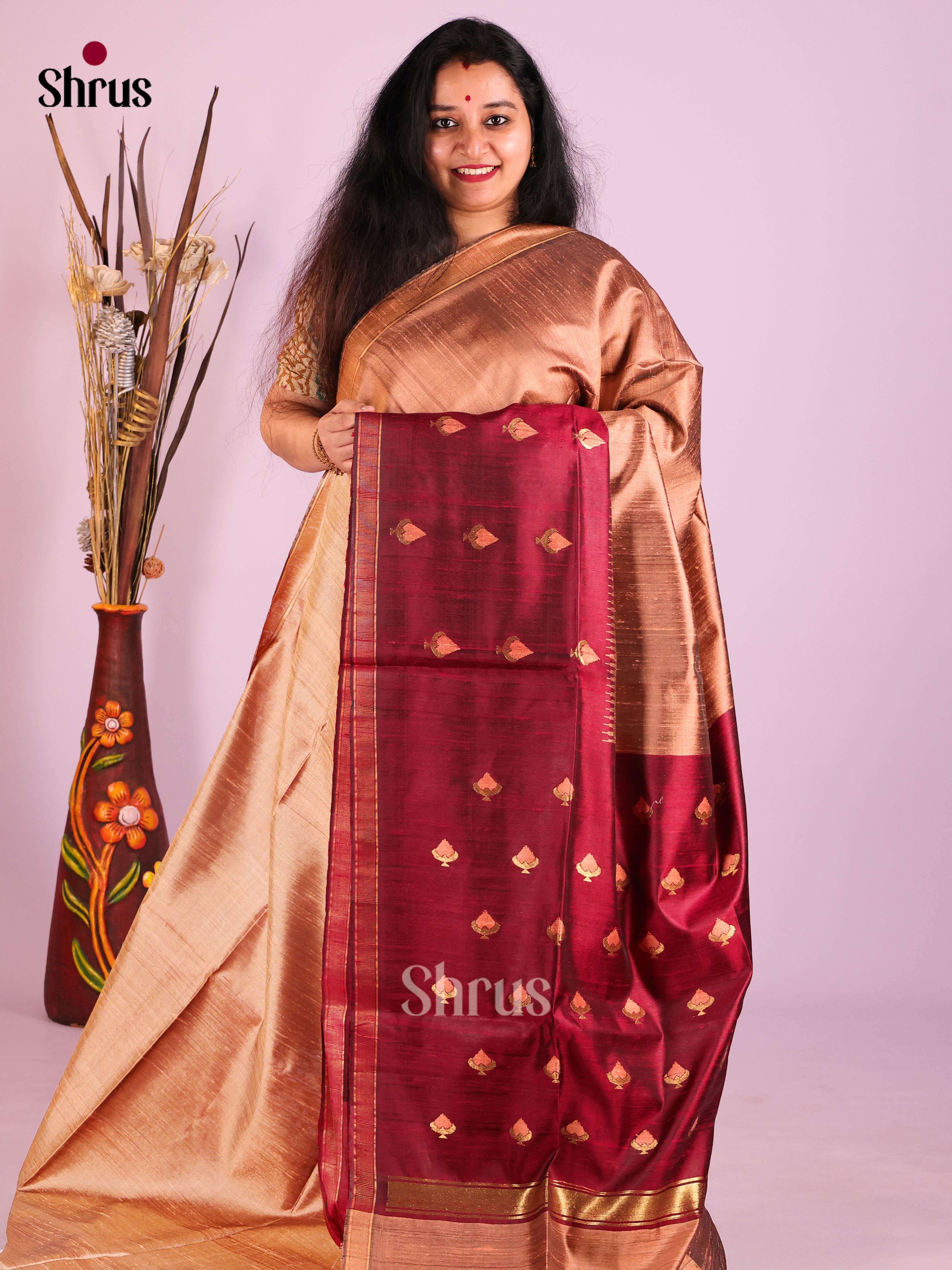 Dusty Brown & Maroon - Raw Silk Saree - Shop on Shrus.com