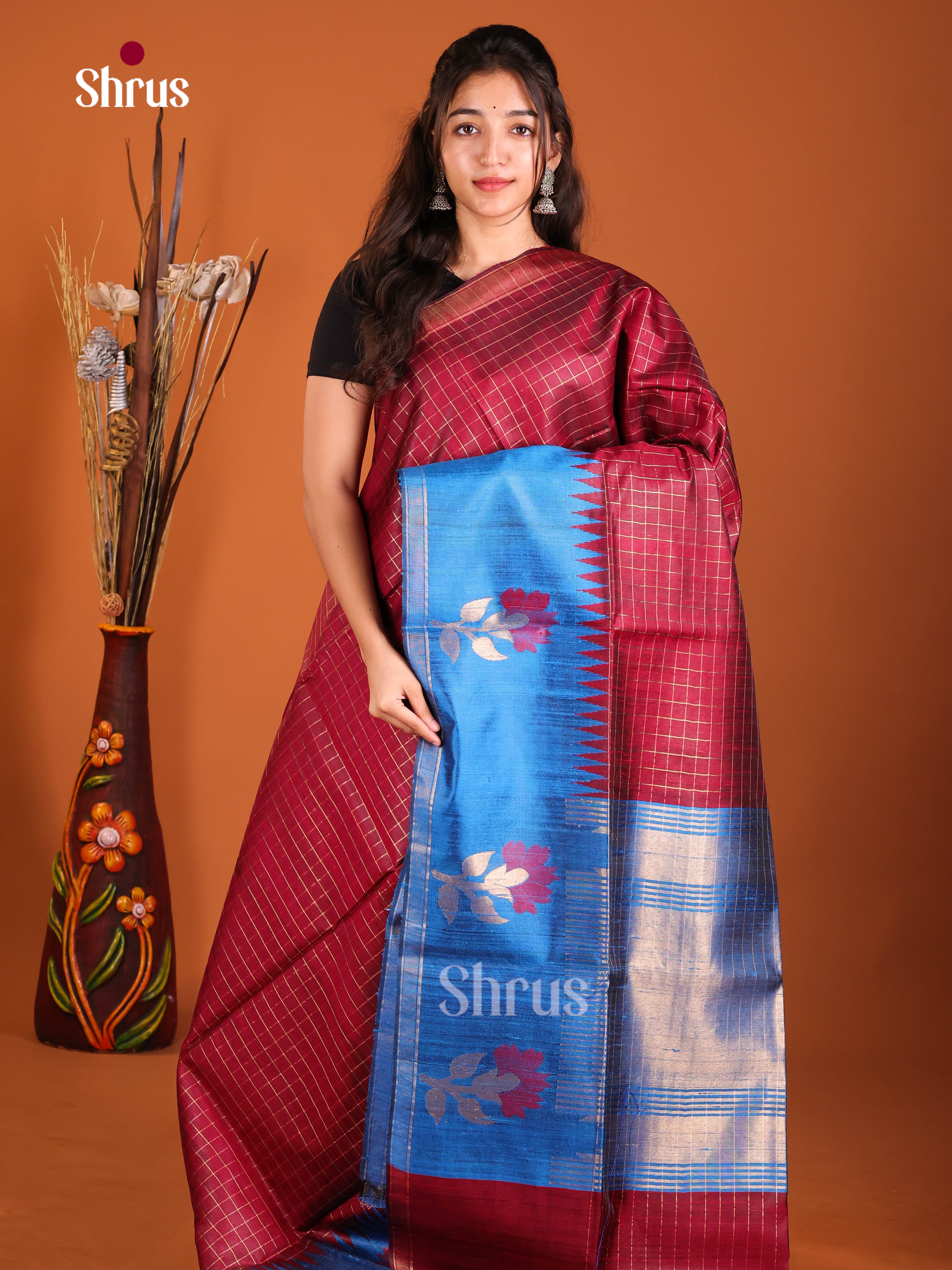 Maroon & Blue - Raw Silk Saree - Shop on Shrus.com