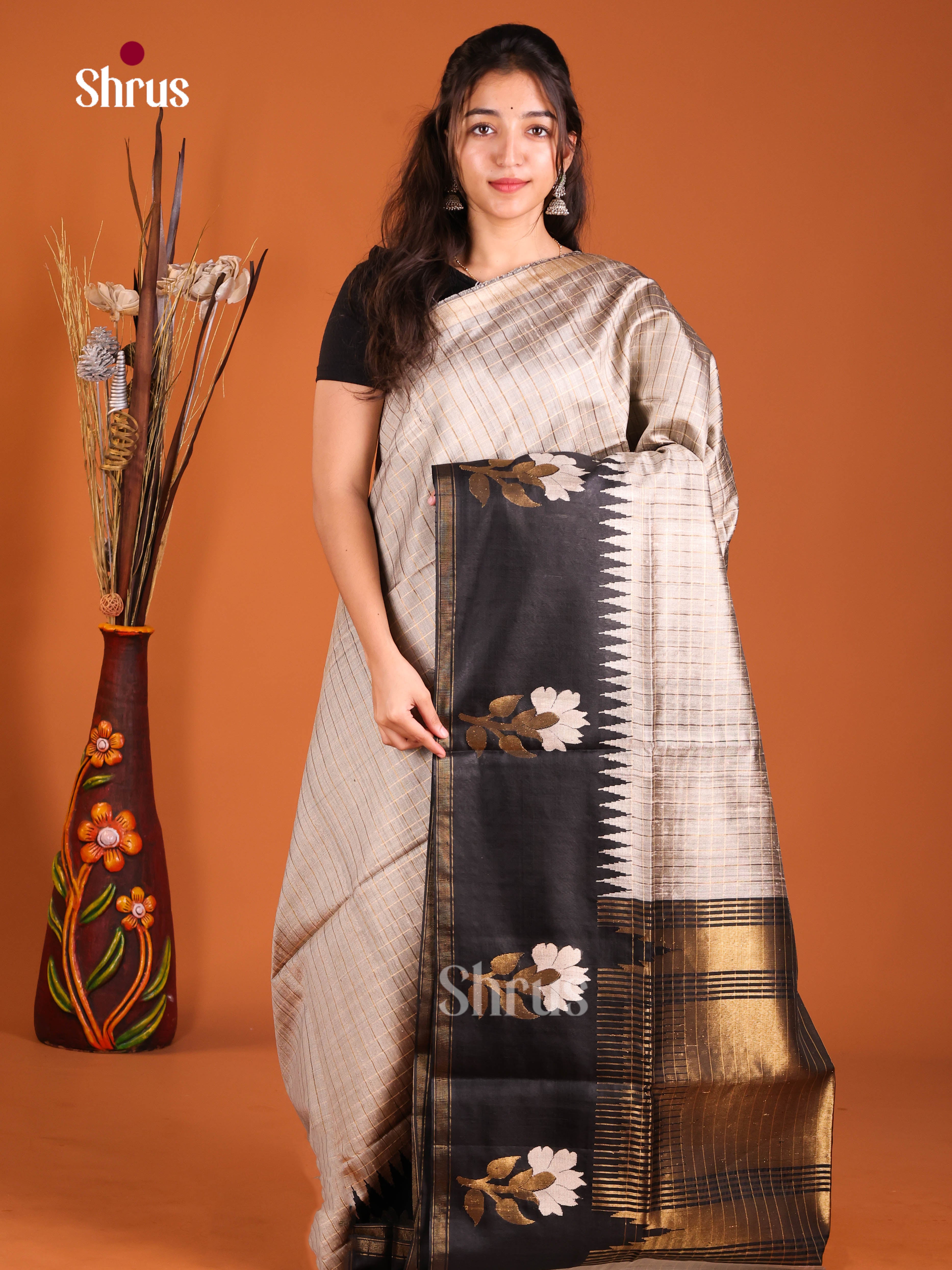 Sophisticated Beige Raw Silk Saree With Gold Checks & Black Border