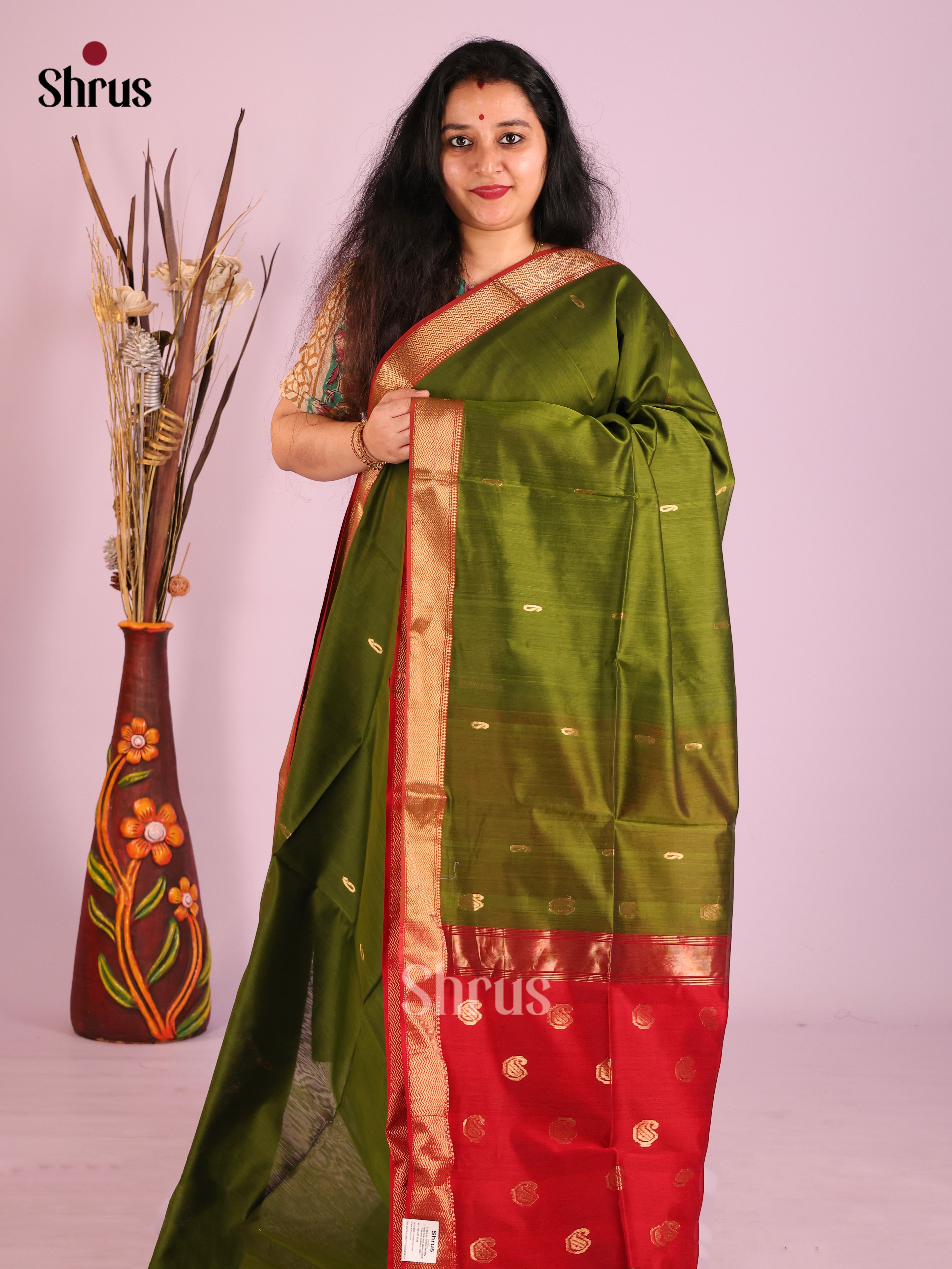 Green & Red - Maheshwari silkcotton Saree - Shop on Shrus.com