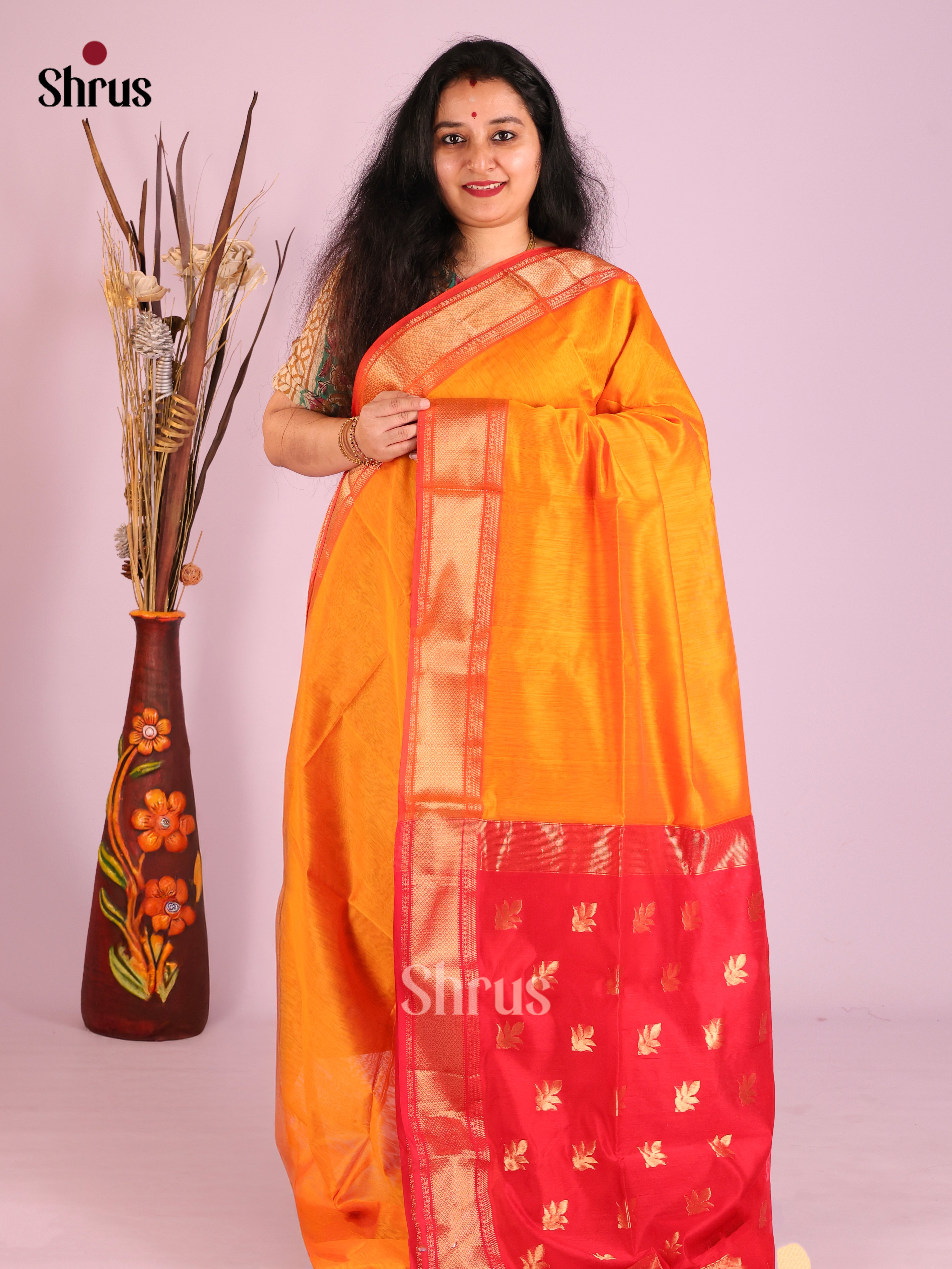 Vivid Orange Maheshwari Cotton Silk Saree With Plain Body & Red Pallu With Zari Buttas