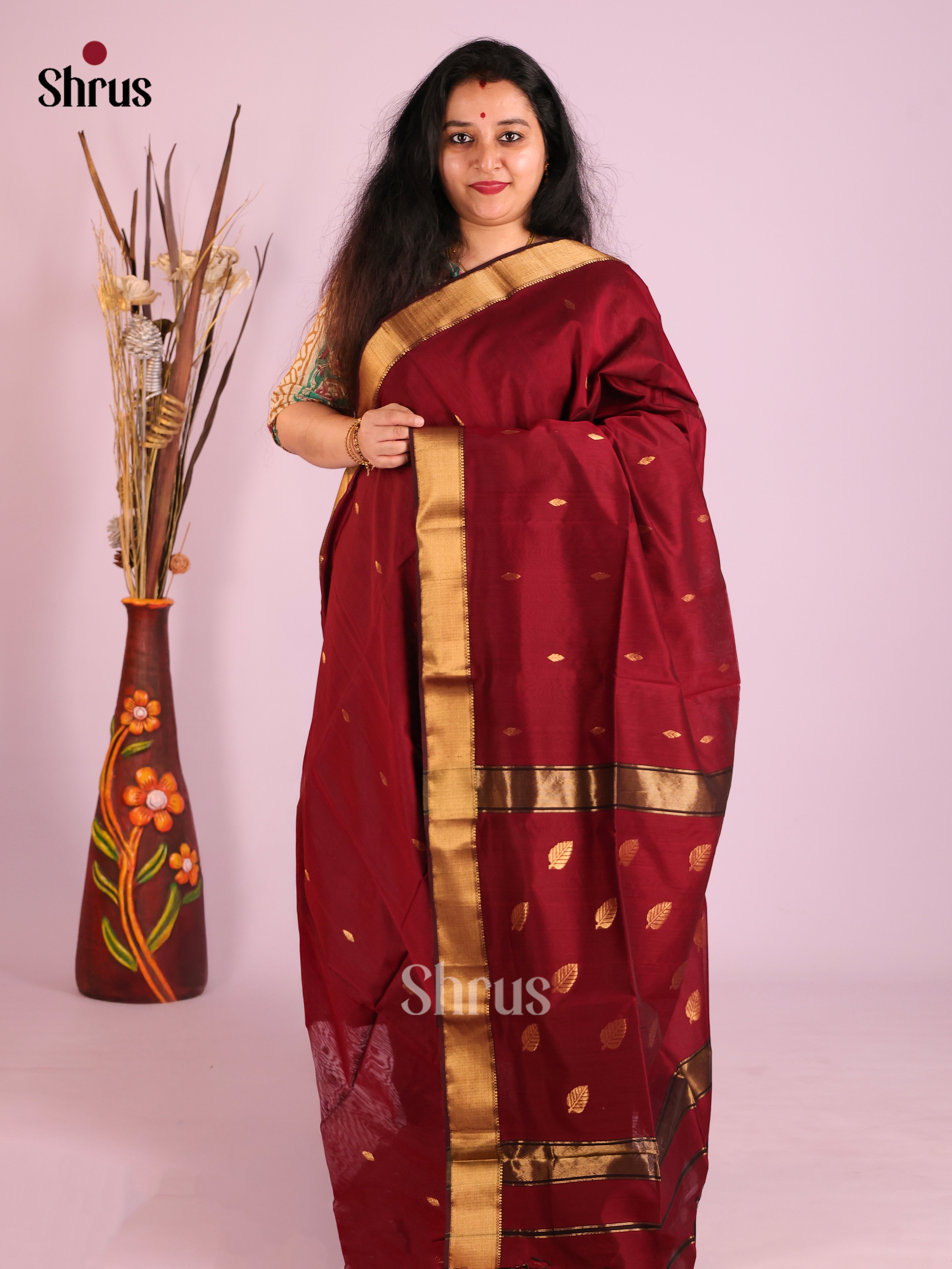 Maroon - Maheshwari silkcotton Saree - Shop on Shrus.com