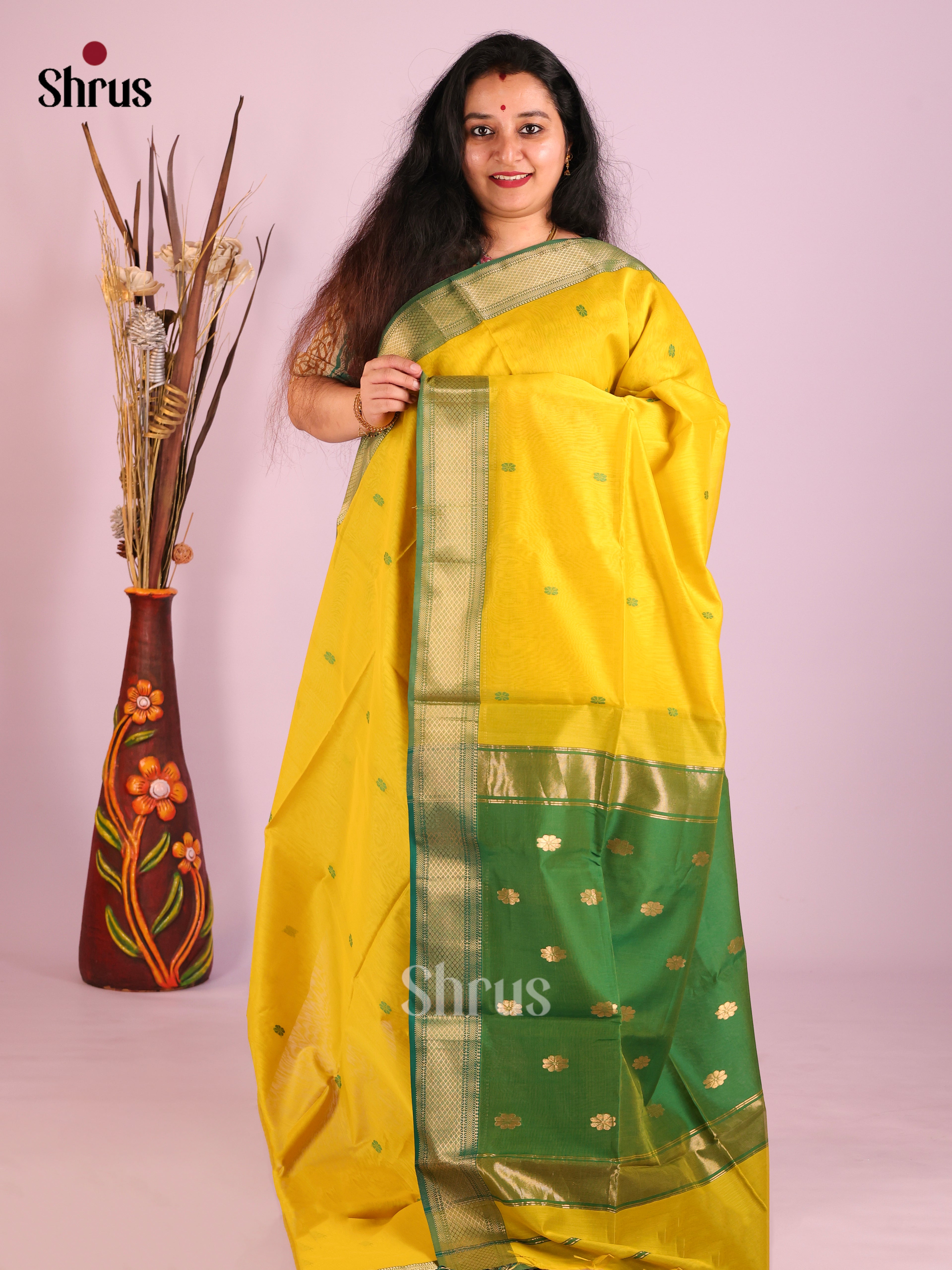 Yellow & Green- Maheshwari silkcotton Saree