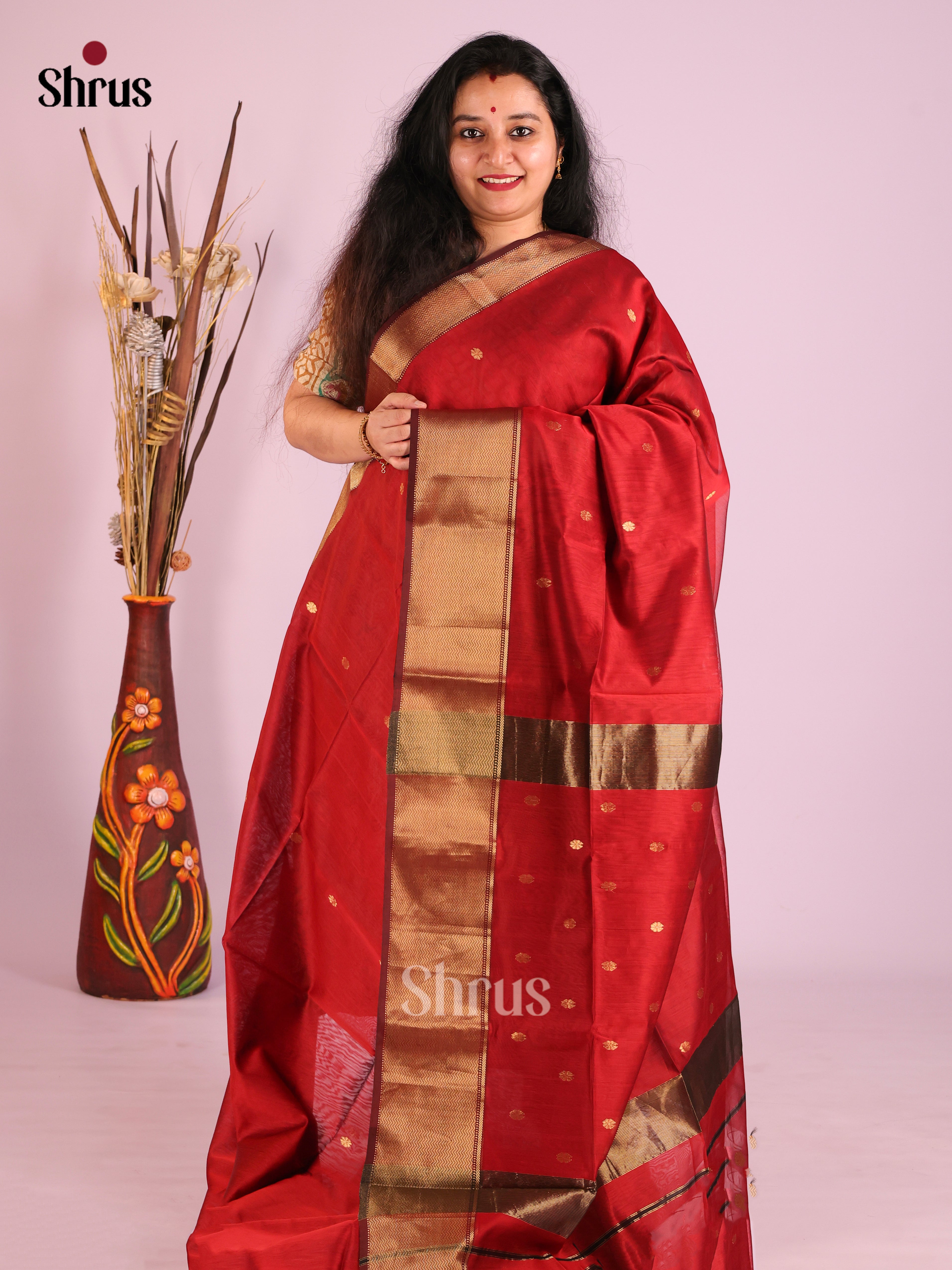 Red &  Maroon - Maheshwari silkcotton Saree - Shop on Shrus.com