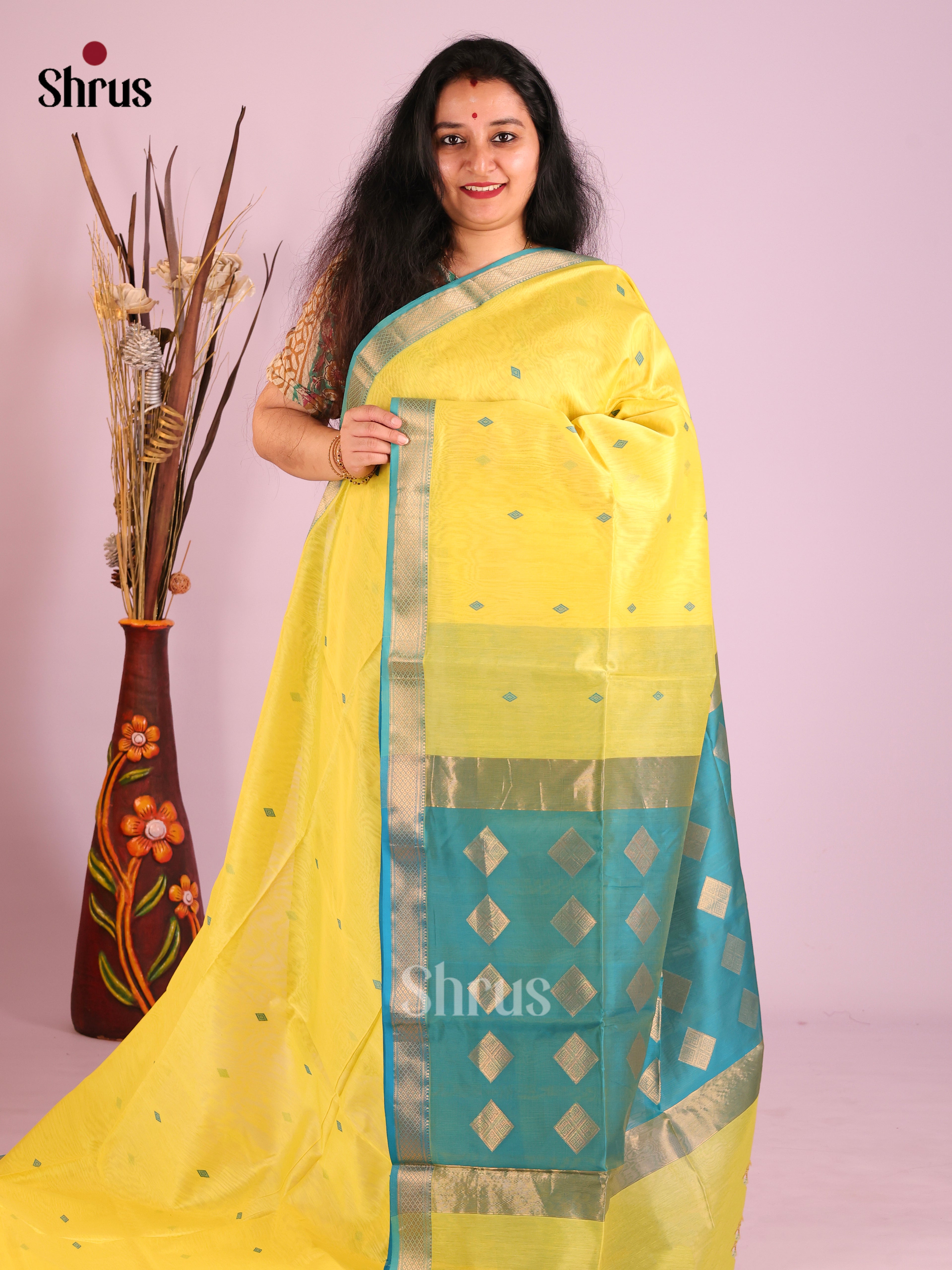 Yellow & Blue - Maheshwari silkcotton Saree