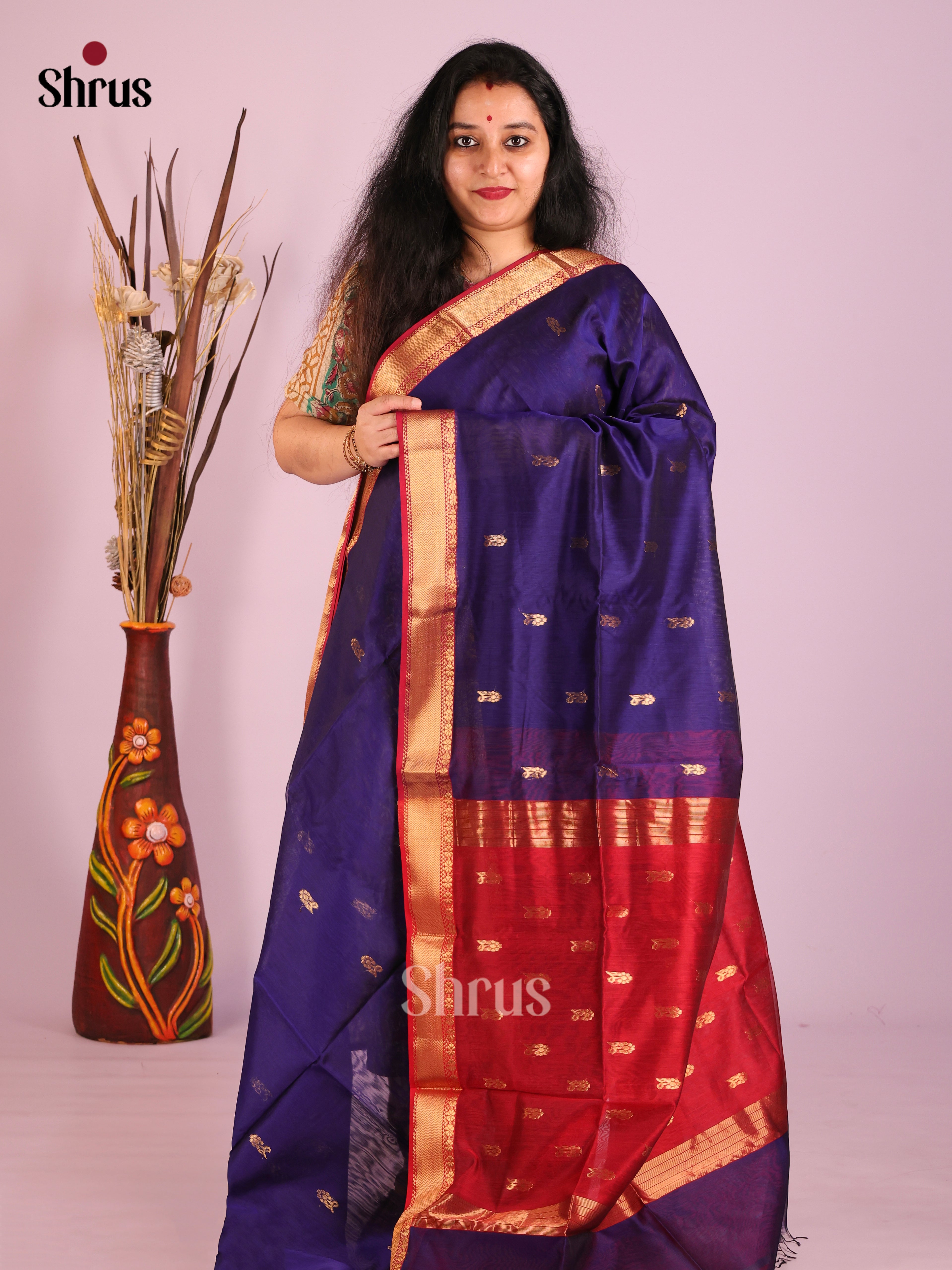 Blue & Red - Maheshwari silkcotton Saree