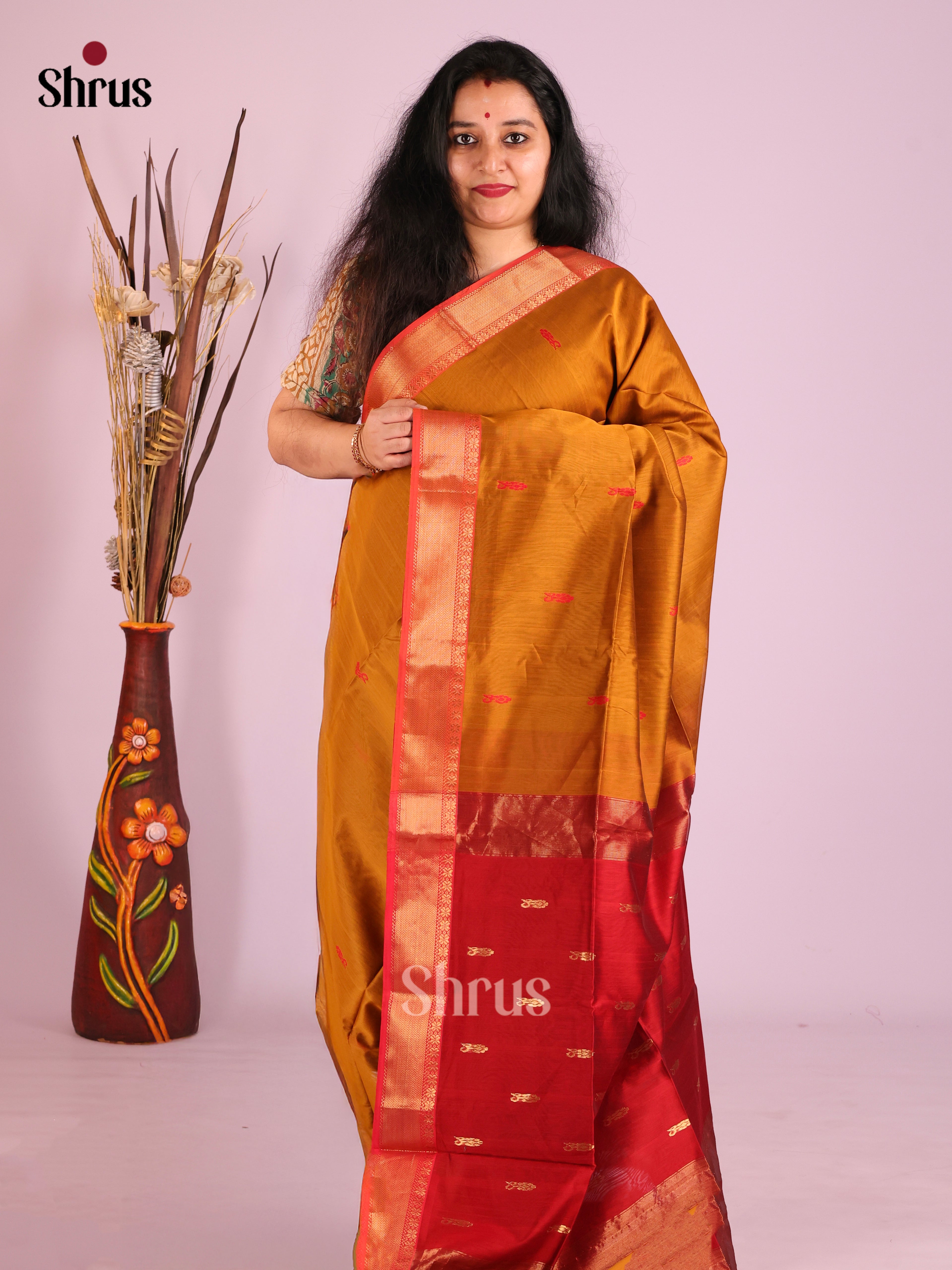 Mustard & Red - Maheshwari silkcotton Saree - Shop on Shrus.com