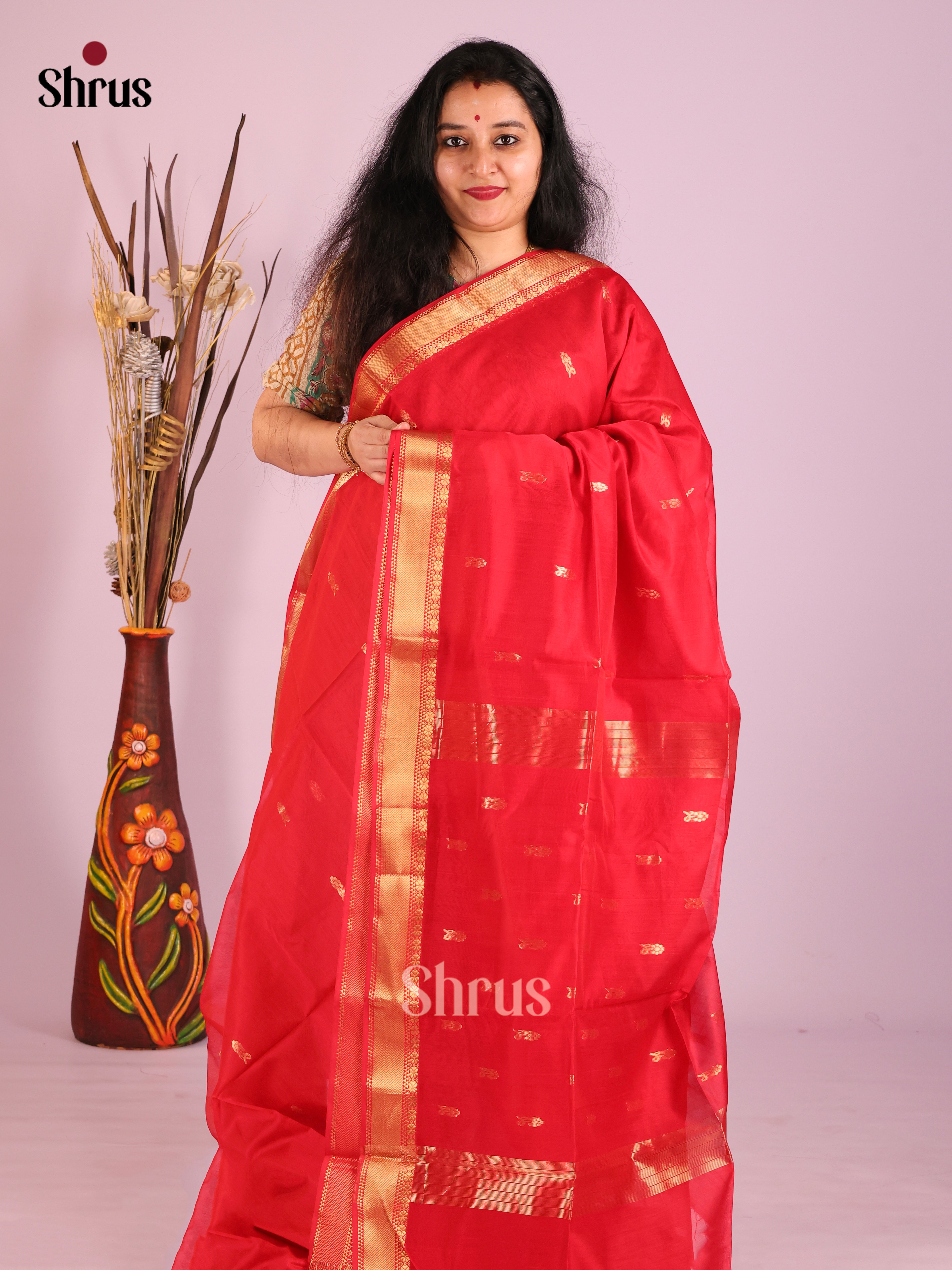 Red(Single Tone)- Maheshwari silkcotton Saree