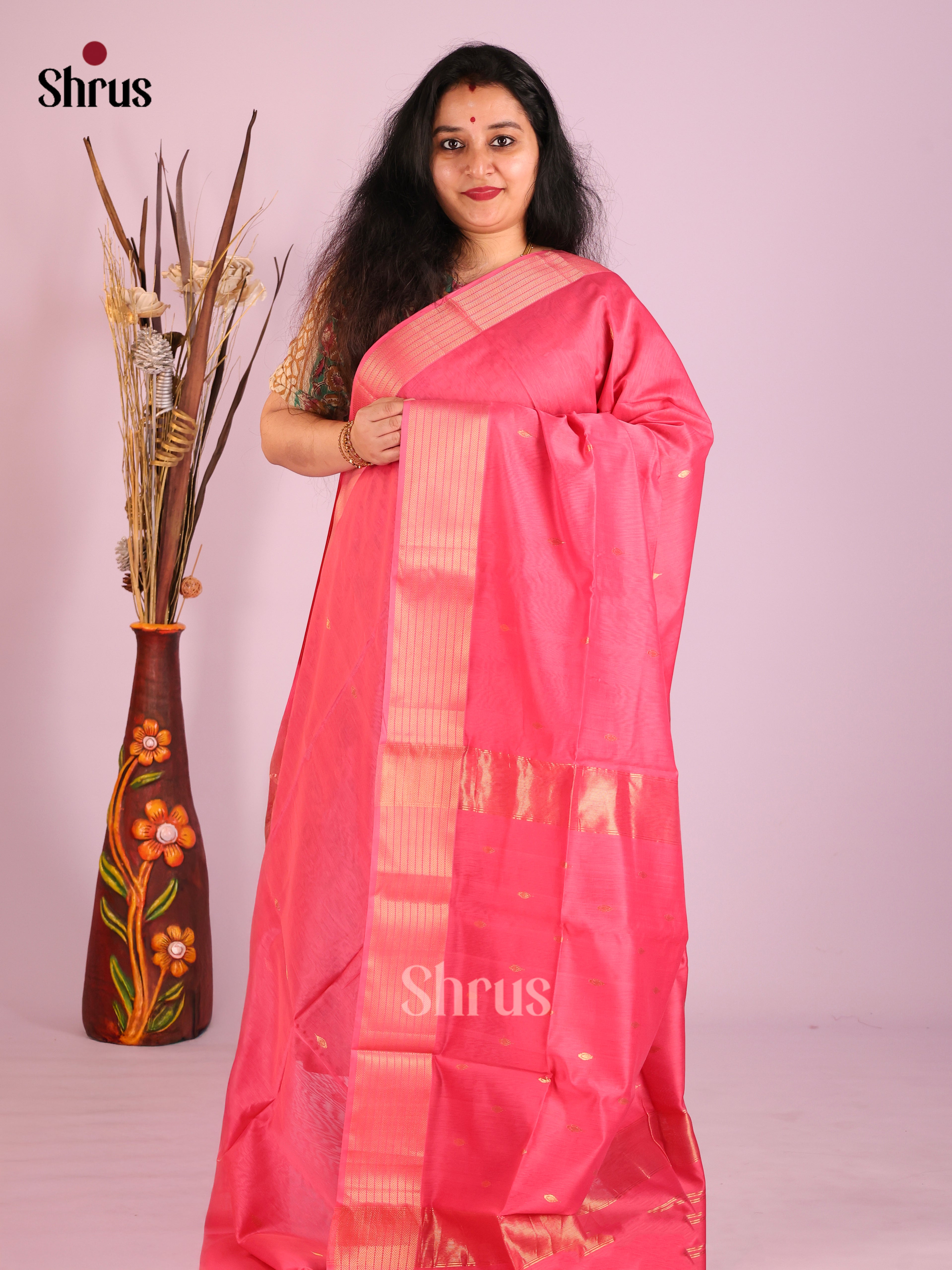 Pink(Single Tone)- Maheshwari silkcotton Saree - Shop on Shrus.com