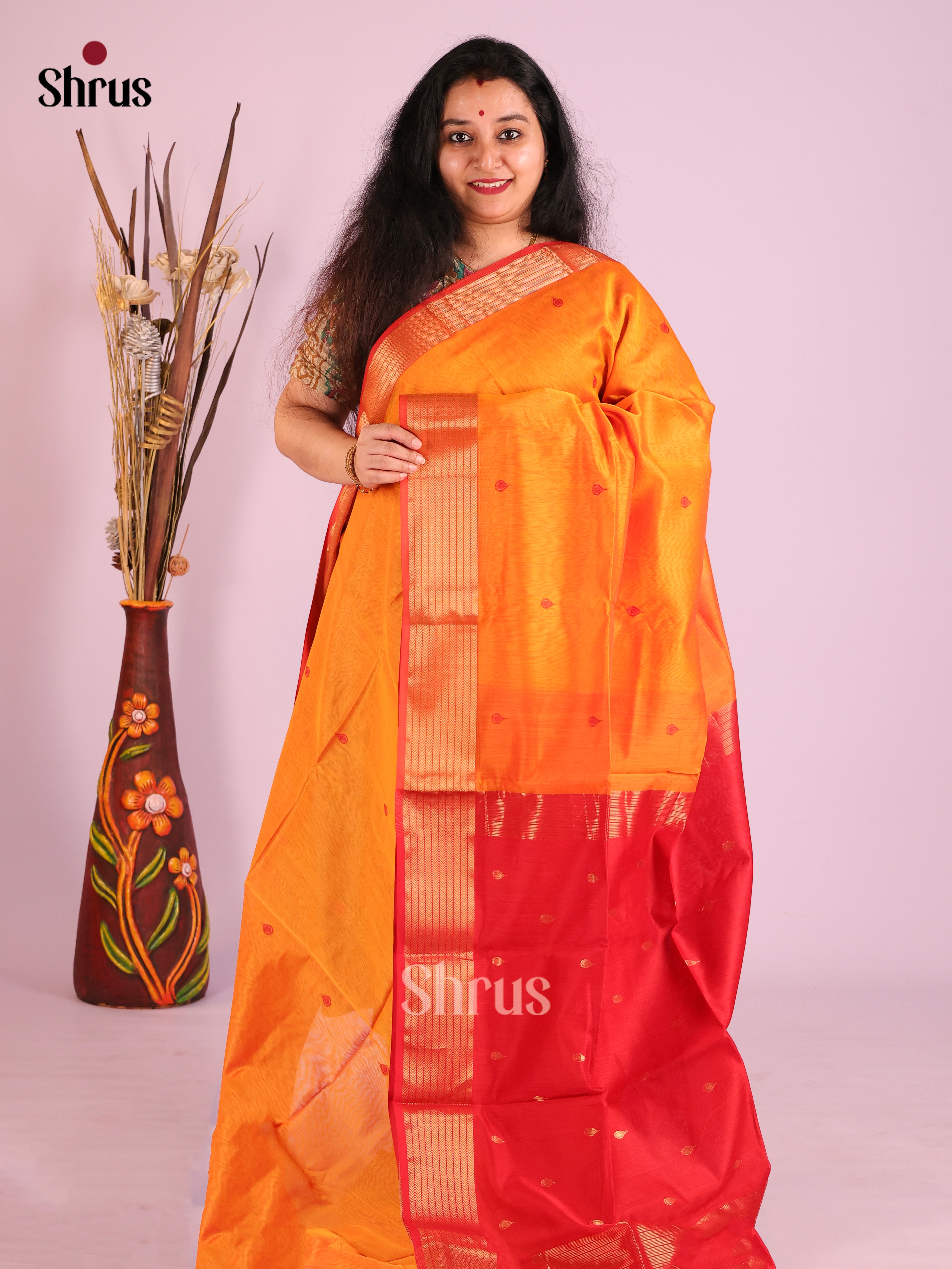 Mambazha Yellow & Red - Maheshwari silkcotton Saree - Shop on Shrus.com