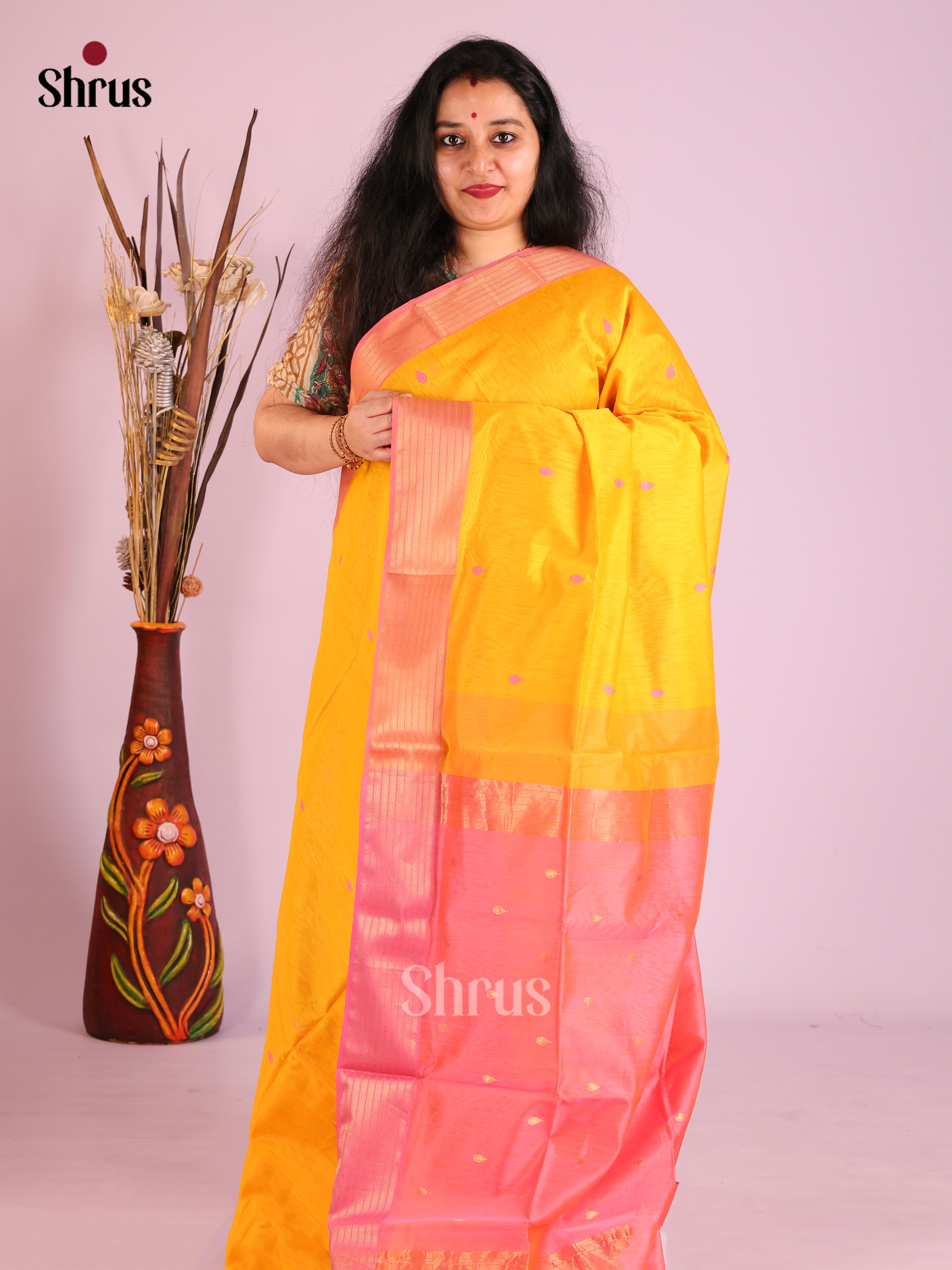 Bright Yellow Maheshwari Cotton Silk Saree with Thread Buttas & Pink Zari Border