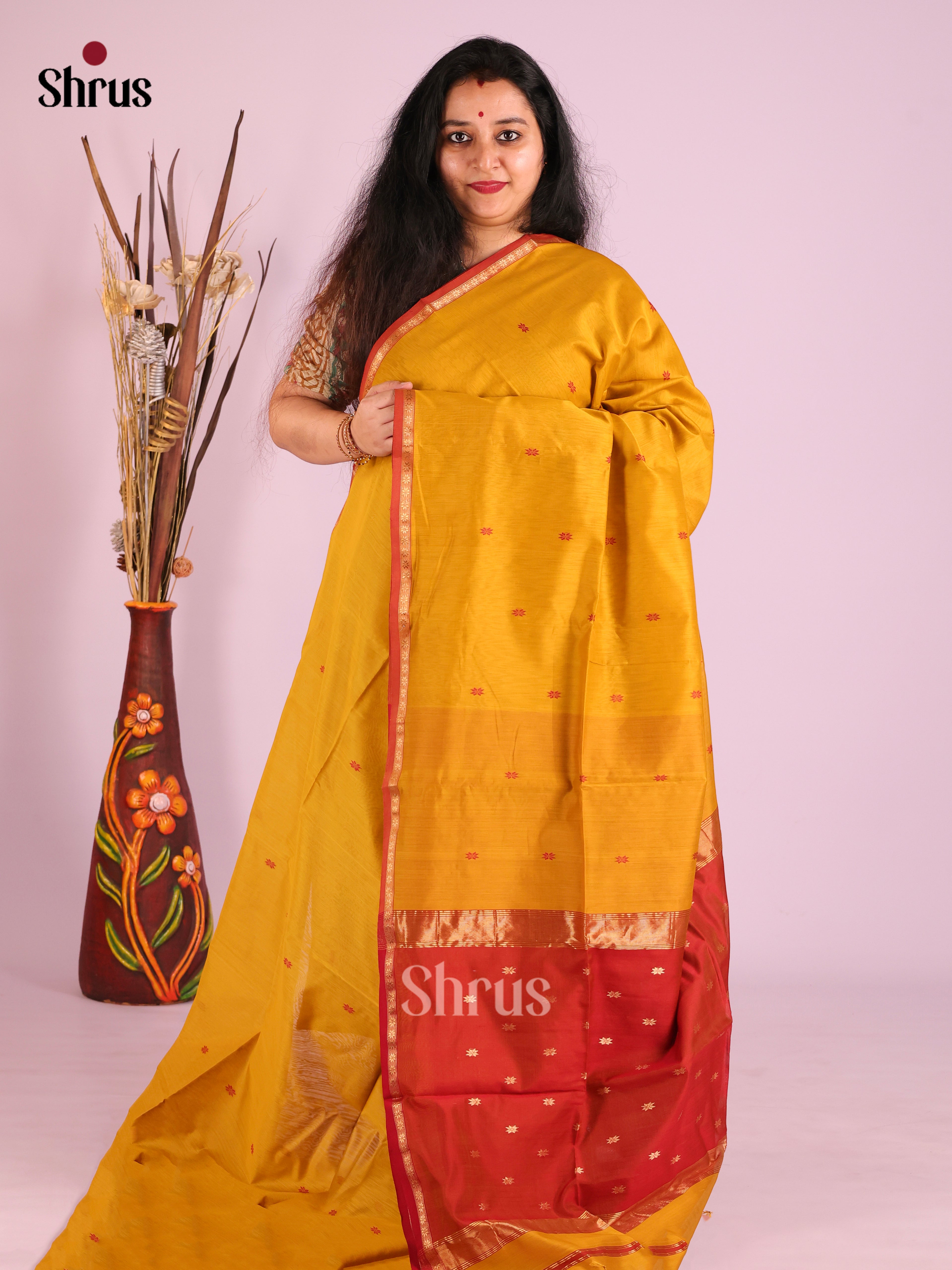 Mustard & Red - Maheshwari silkcotton Saree - Shop on Shrus.com