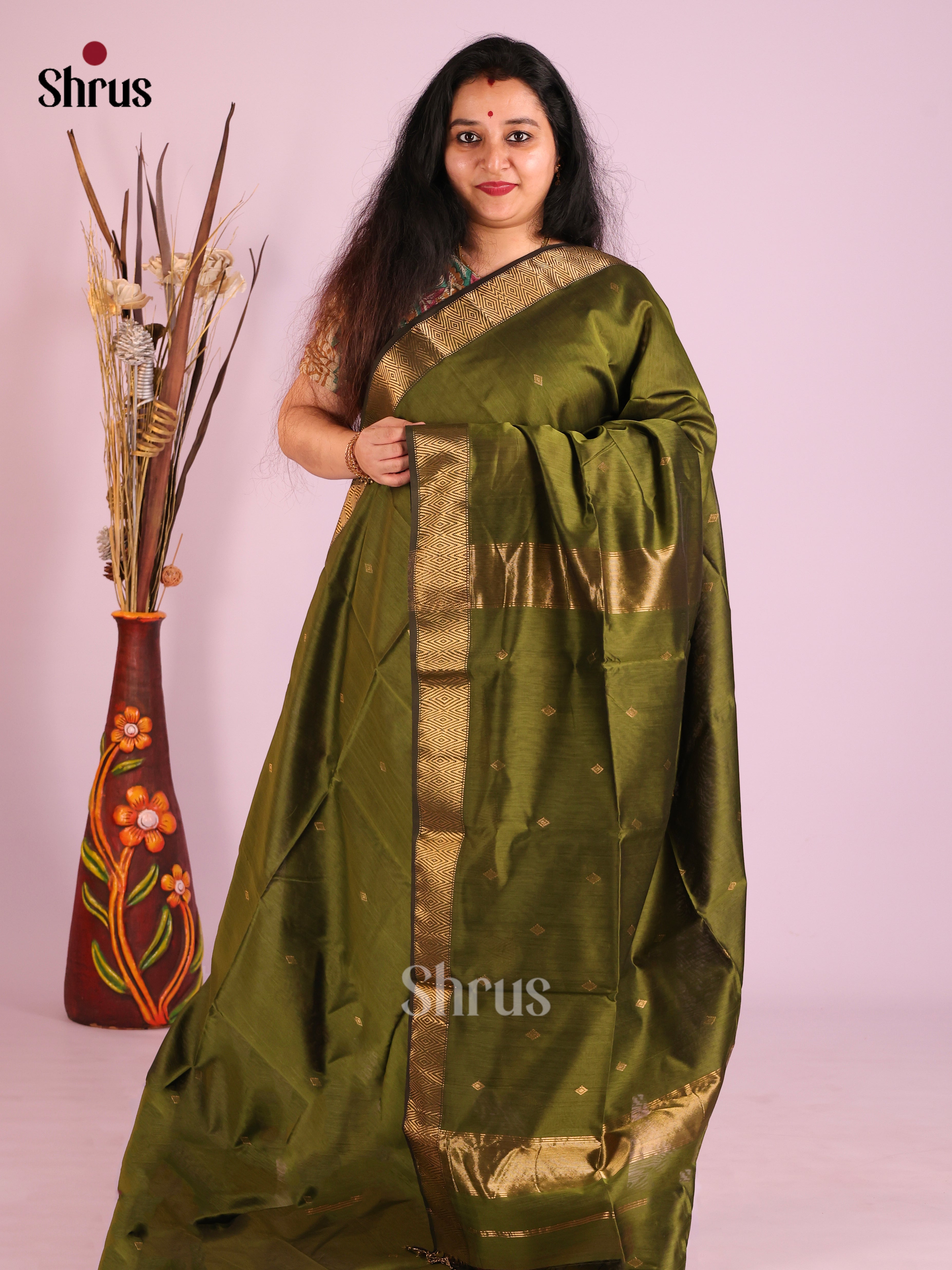 Green - Maheshwari silkcotton Saree - Shop on Shrus.com