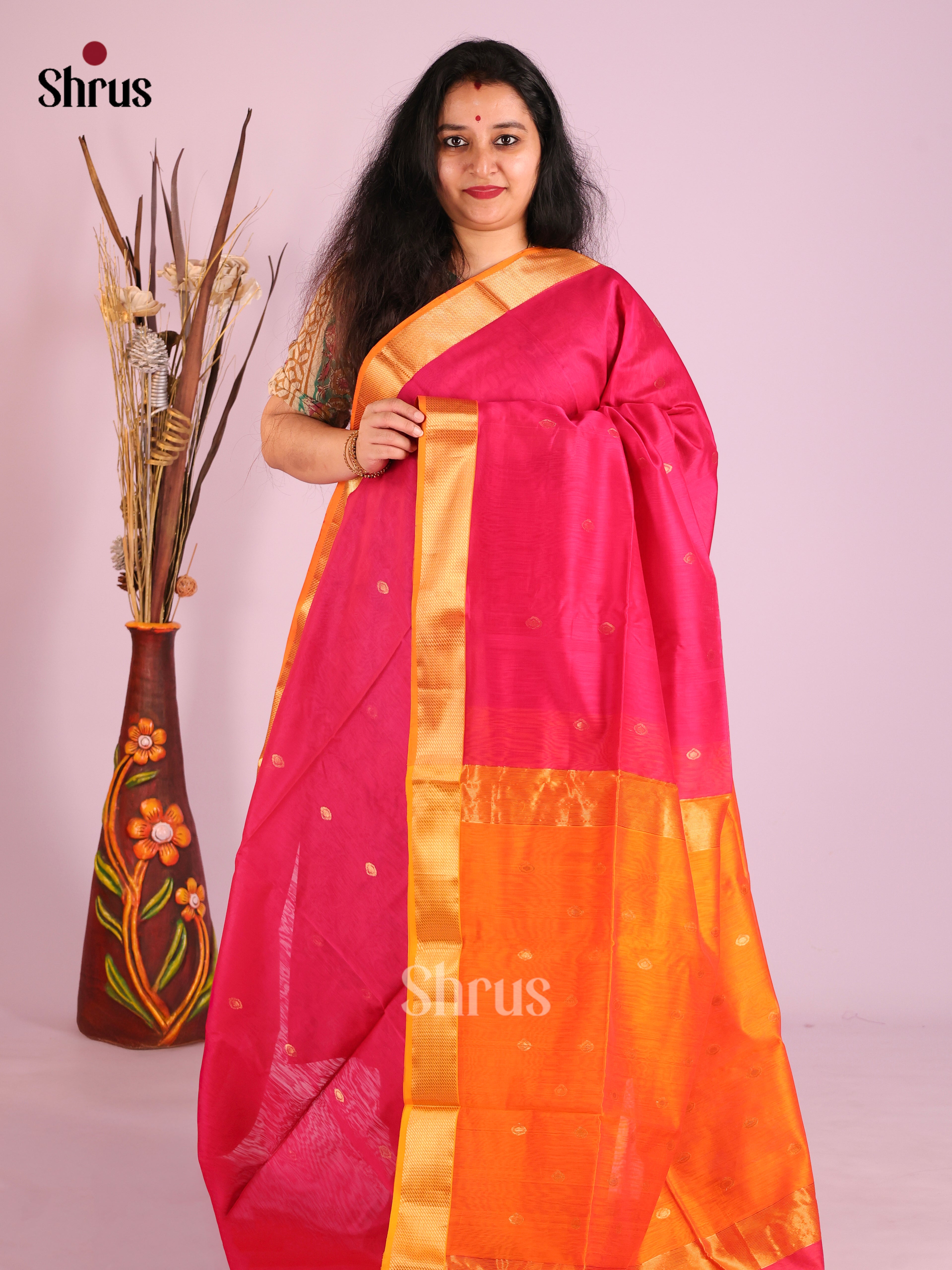 Pink & Orange - Maheshwari silkcotton Saree - Shop on Shrus.com