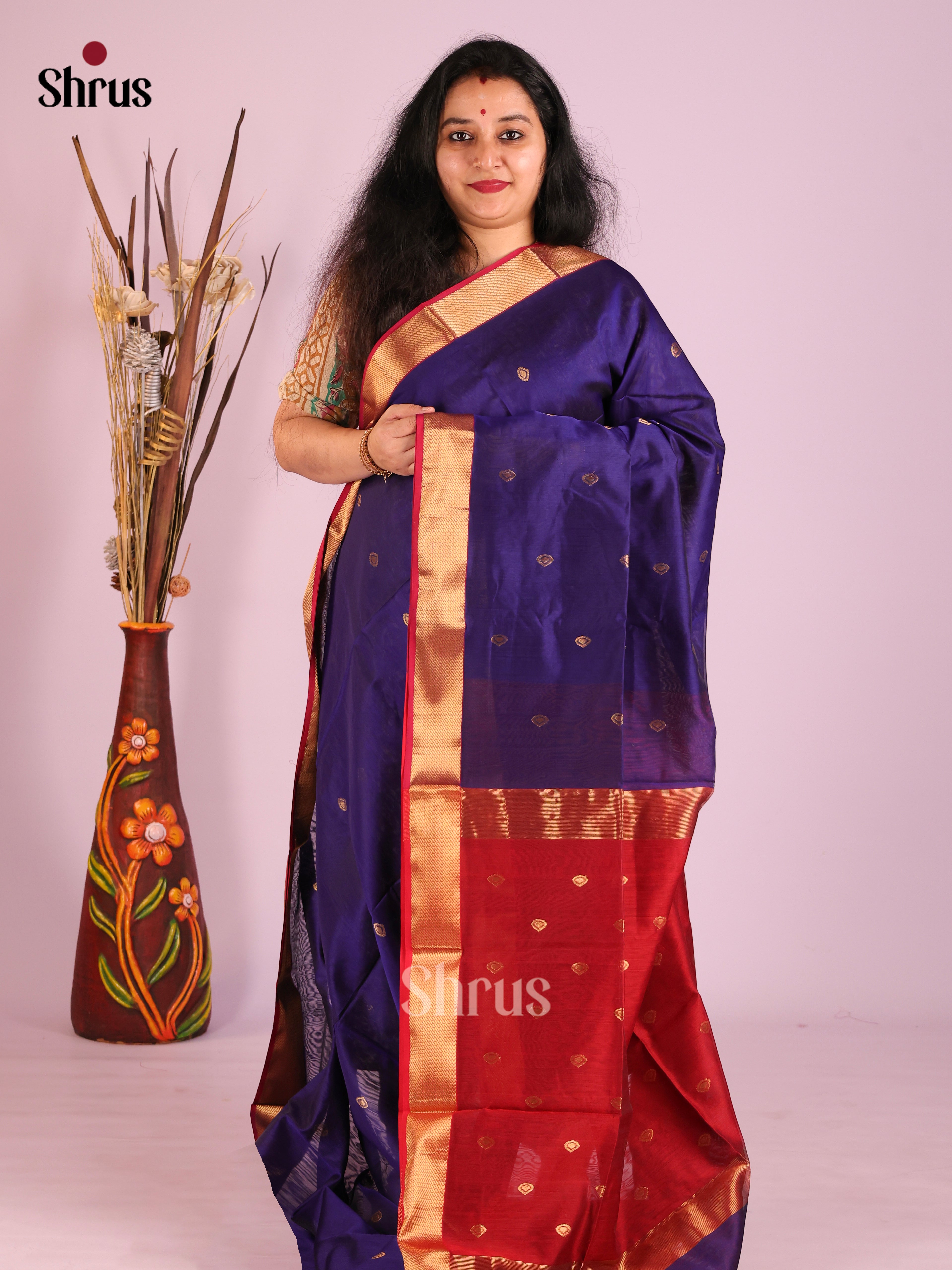 Blue & Red - Maheshwari silkcotton Saree