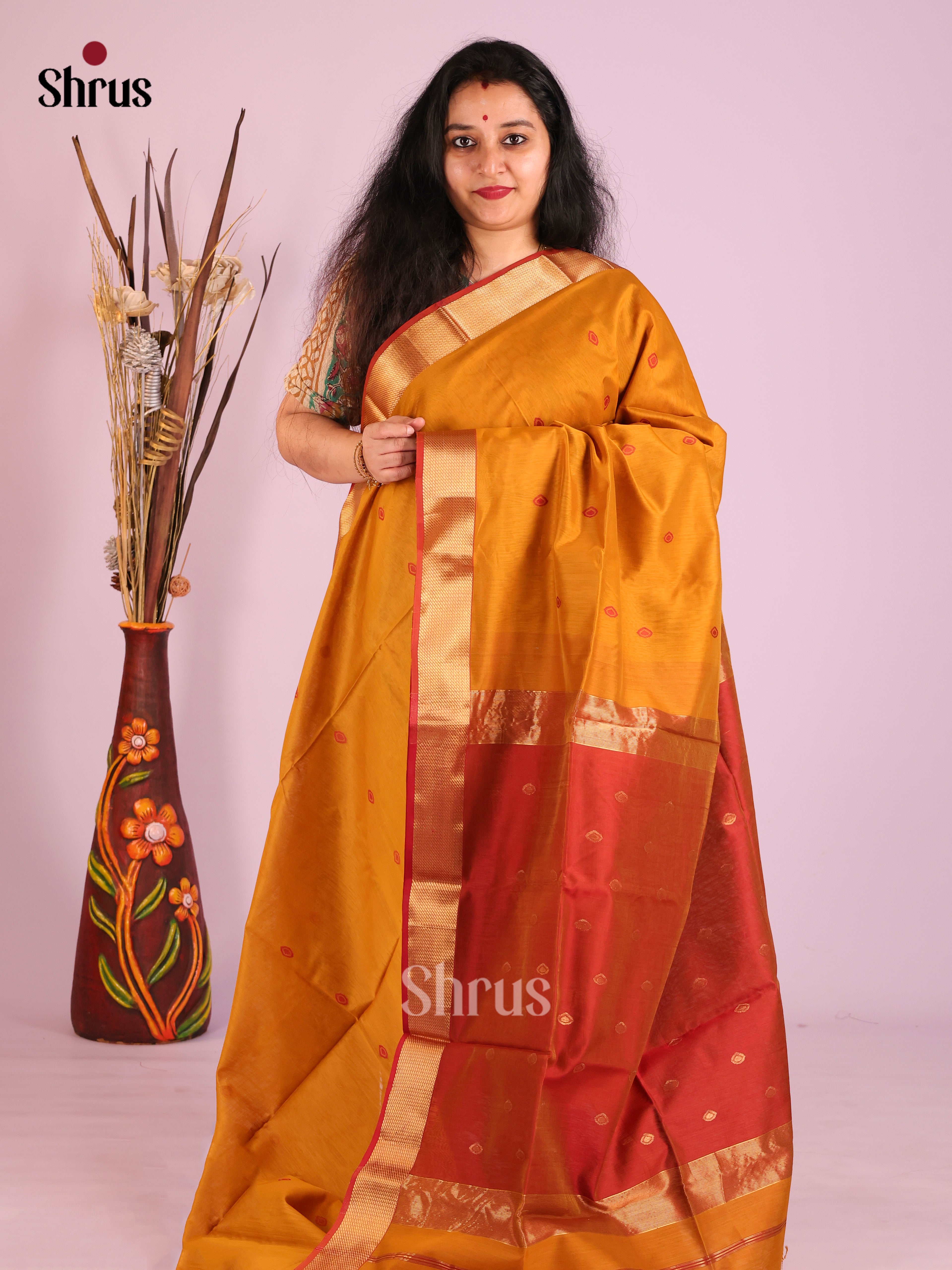 Mustard & Red - Maheshwari silkcotton Saree - Shop on Shrus.com