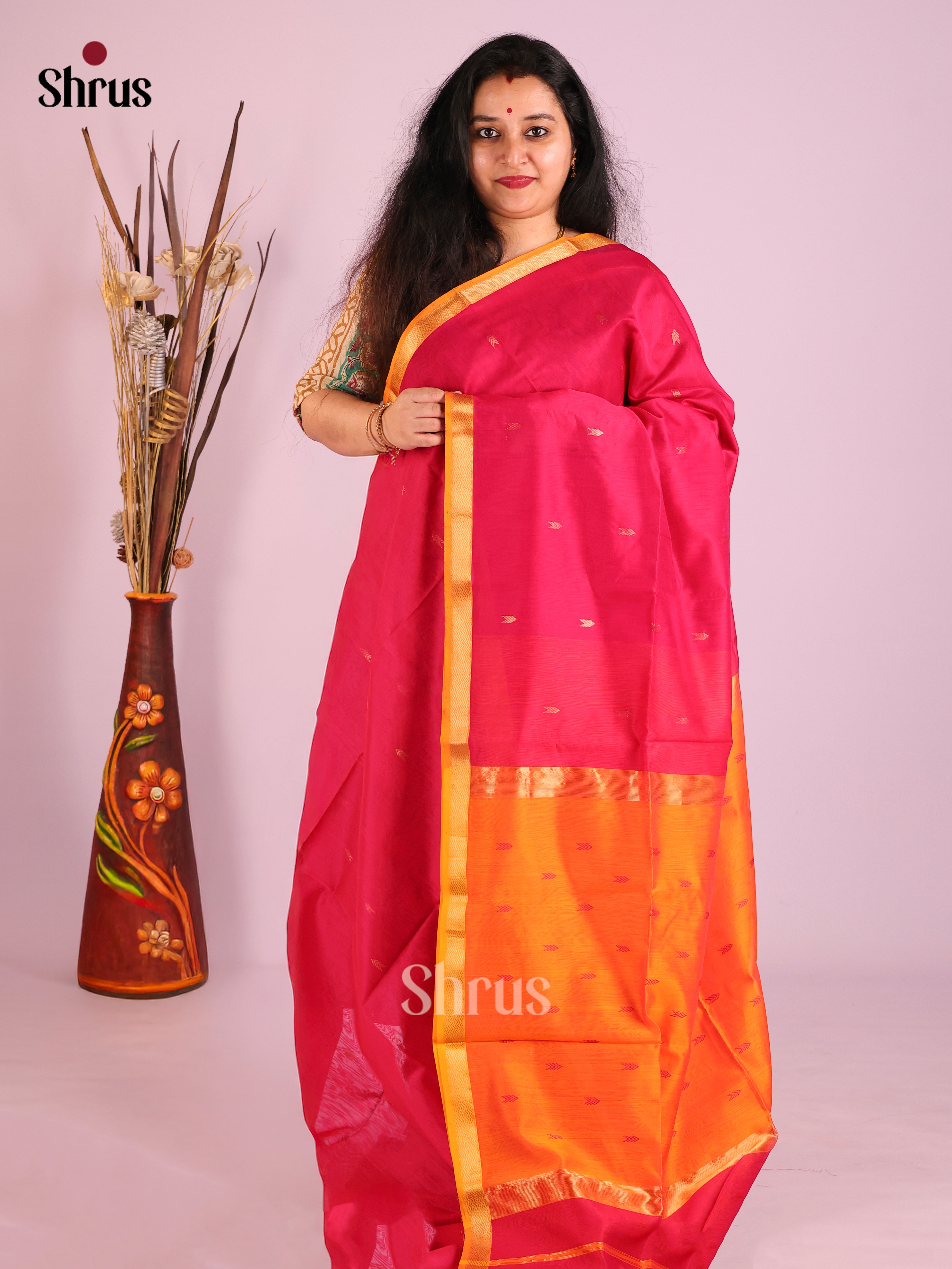 Pink & Orange - Maheshwari silkcotton Saree - Shop on Shrus.com